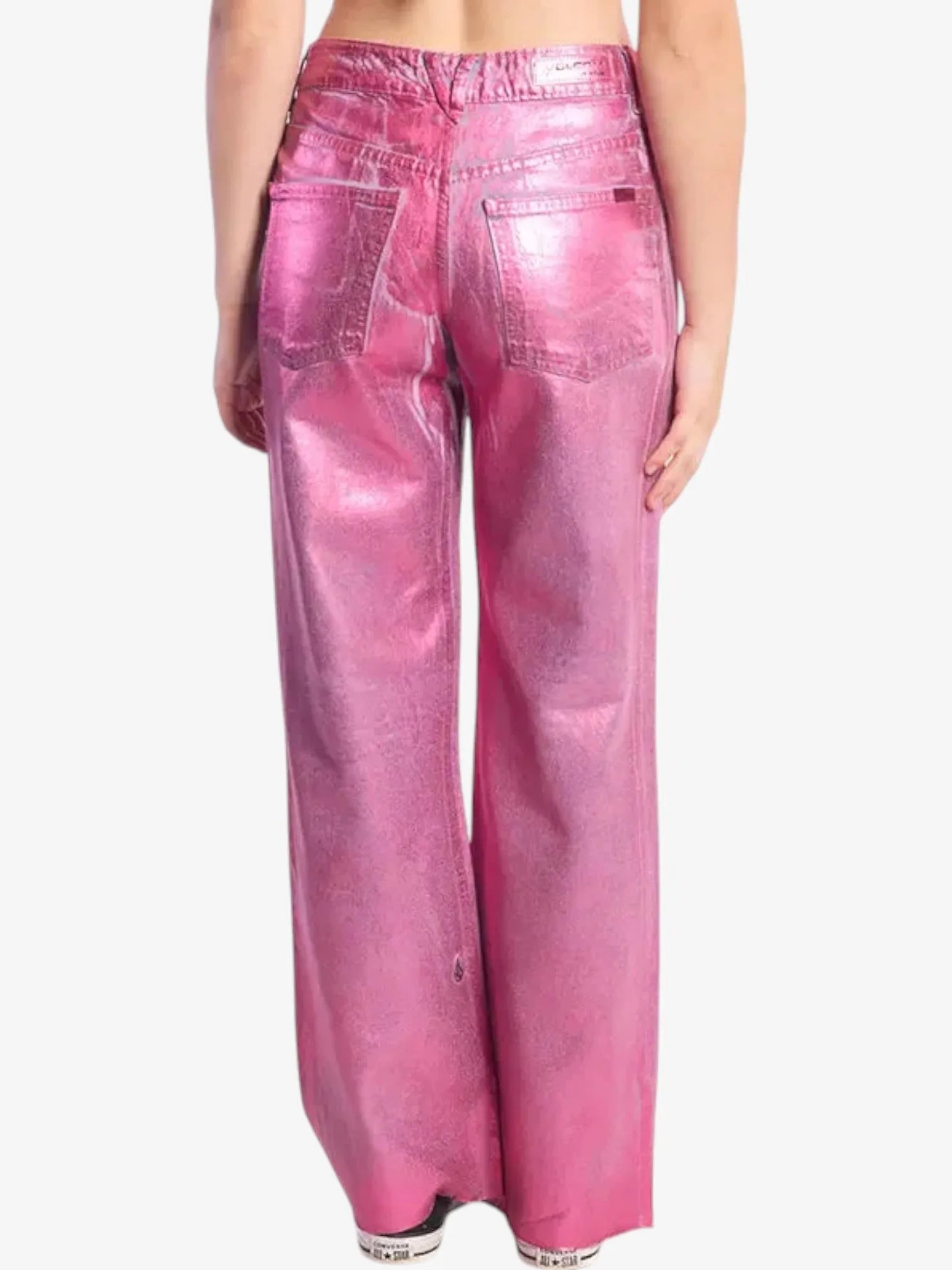 Volcom Women's Low Foild Wide 90s Jeans in Pink - Vintage Style Distressed Denim for Casual Wear & Street Fashion