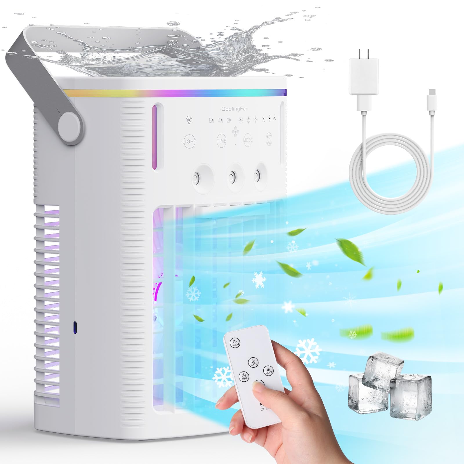 Portable Air Conditioner with Remote - 3-Speed Cooling Fan, 7-Color Night Light & 3 Mist Modes | Personal AC Unit for Bedroom, Office, Camping | Perfect for Home Cooling, Summer Travel & Outdoor Adventures