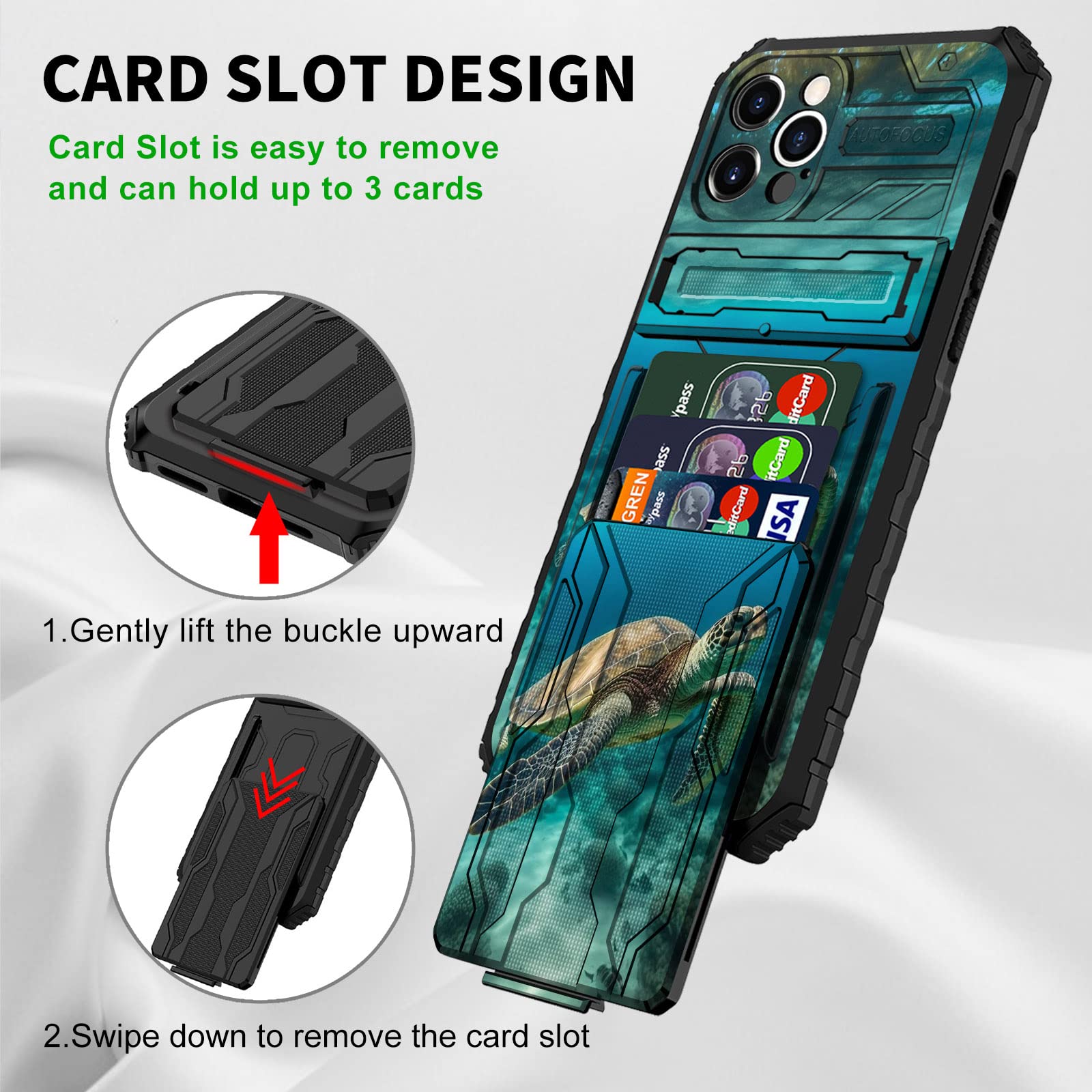 Shockproof iPhone 13 Pro Max Wallet Case with Credit Card Holder & Kickstand - Dual Layer Hard PC & Soft TPU Protective Cover for 6.7