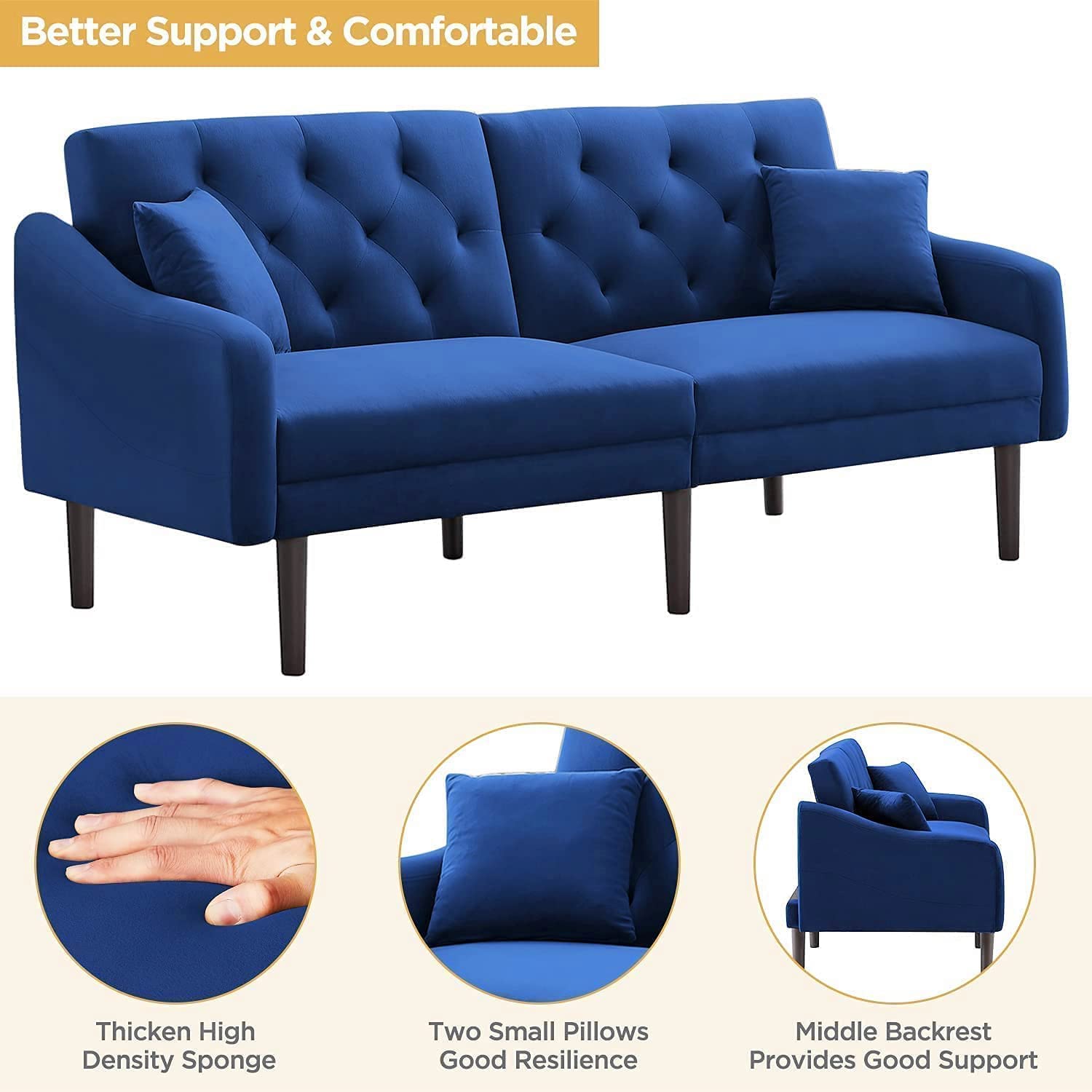 Goujxcy Convertible Futon Sofa Bed - Velvet Sleeper Sofa with 2 Pillows & Armrests, Foldable Couch for Small Spaces - Perfect for Living Room, Bedroom, Dorm or Apartment | Multi-Functional Guest Bed & Lounge Chair
