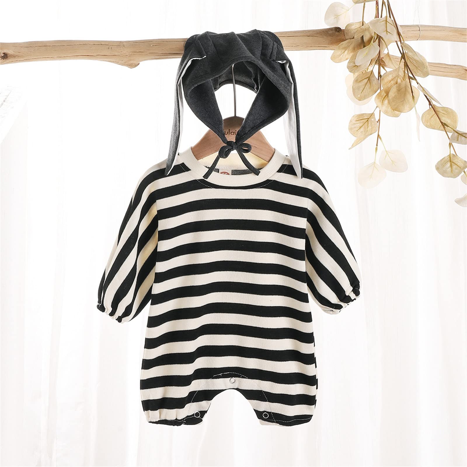 Baby Striped Romper Jumpsuit with Rabbit - Newborn Long Sleeve Outfit for Boys & Girls | Perfect for 4-Month-Olds & Photo Shoots