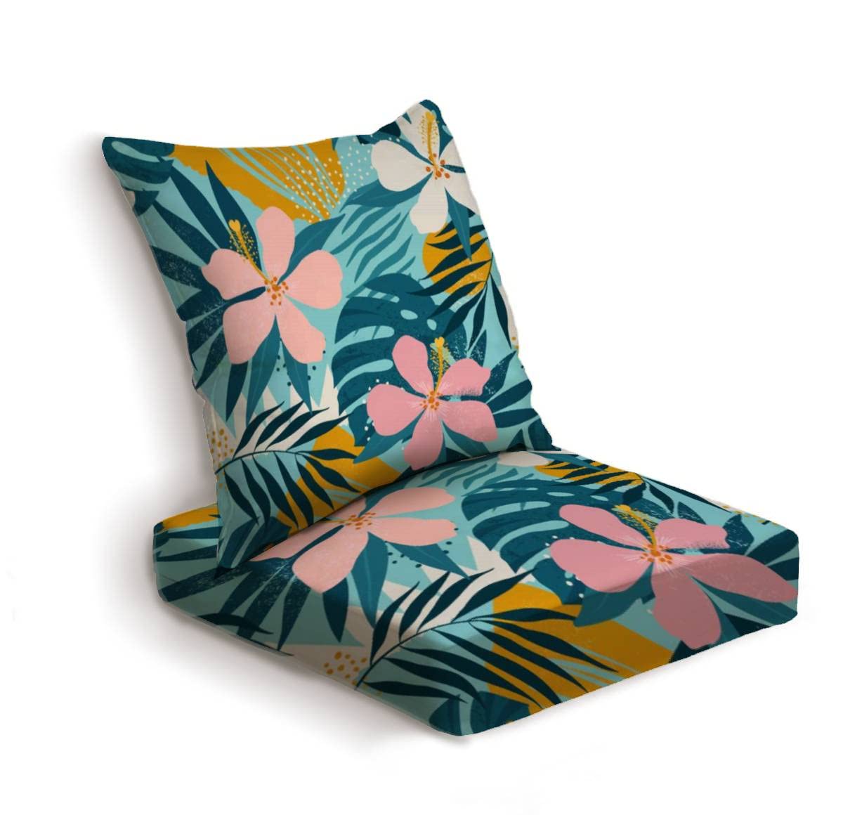 2-Piece Outdoor Deep Seat Cushion Set - All-Weather Tropical Floral & Palm Leaf Design - Replacement Cushions for Patio Furniture, Sofa, and Lounge Chairs - Perfect for Backyard, Poolside, and Garden Relaxation