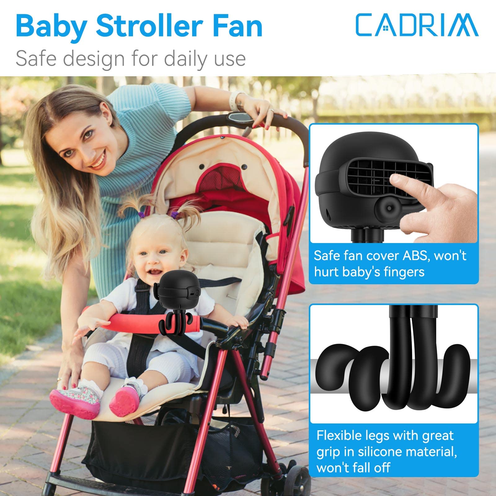 Cadrim Battery Operated Clip On Stroller Fan for Baby - 3 Speed Adjustable Portable Fan with Flexible Tripod, Handheld Personal Cooling Fan for Car Seat, Crib, Camping, Treadmill - Perfect for Outdoor Activities, Travel & Nursery Use