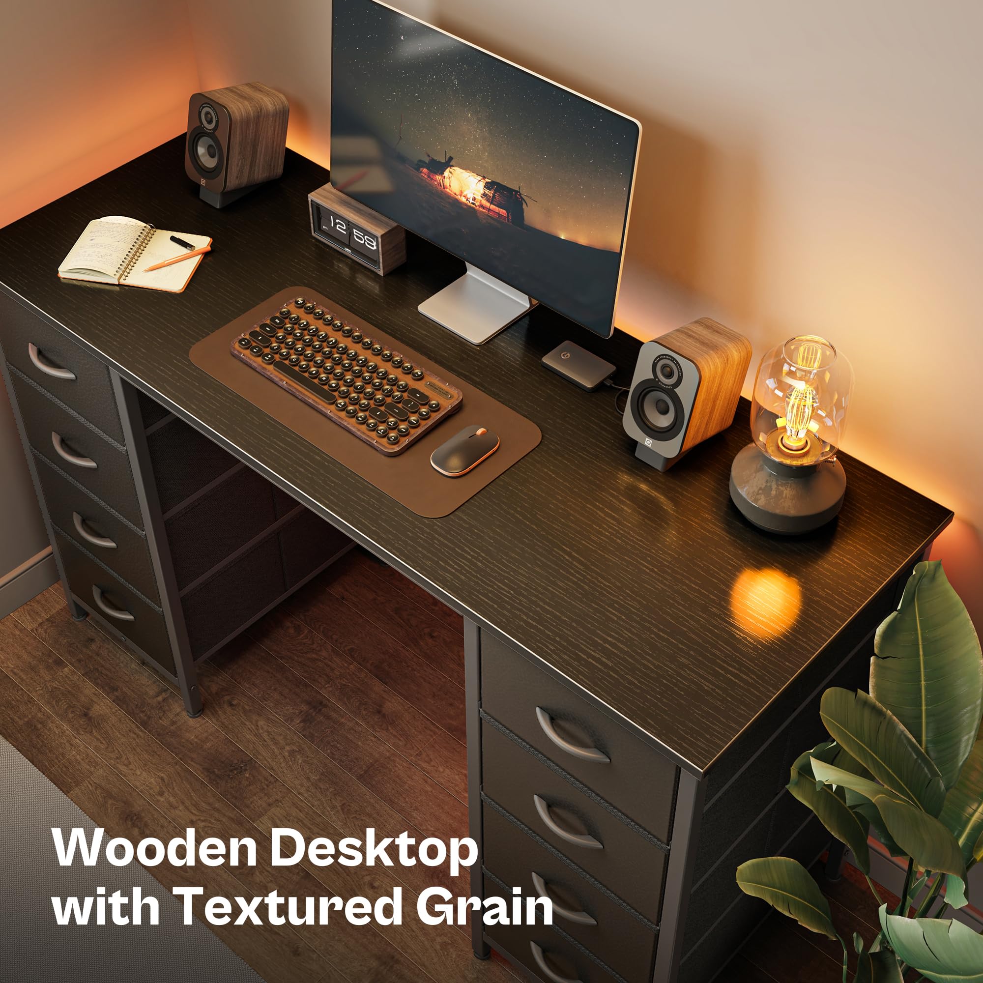 Huuger 47 Inch Computer Desk with 8 Fabric Drawers - Black Home Office Desk for Work, Study & Gaming | Spacious Storage Workstation for Small Spaces & Dorm Rooms | Ergonomic Writing Desk for Professionals & Students
