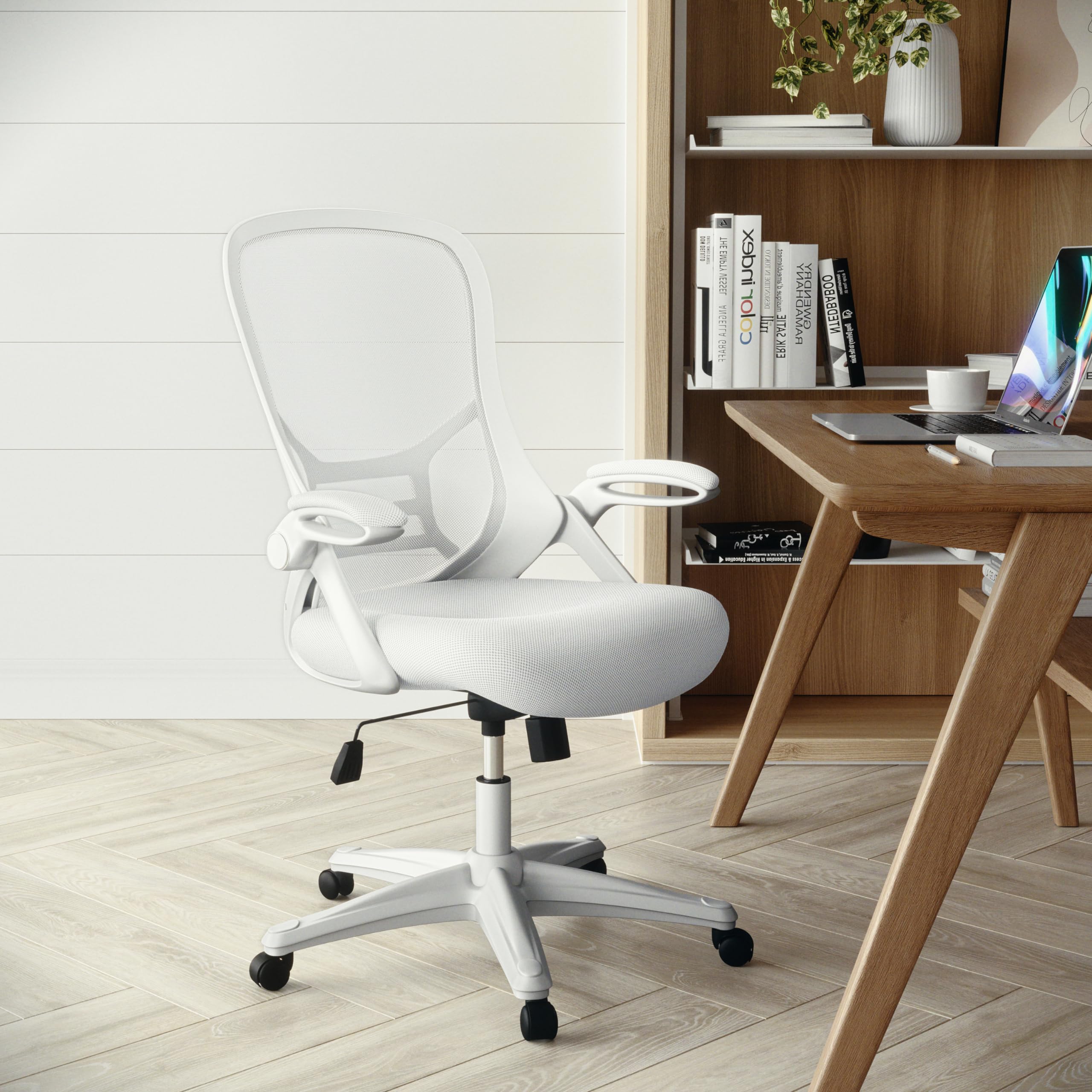Flash Furniture Porter High-Back Swivel Office Chair with Adjustable Lumbar Support & Height - Ergonomic Mesh Desk Chair with Flip-Up Armrests, White - Perfect for Home Office, Gaming & Workspaces