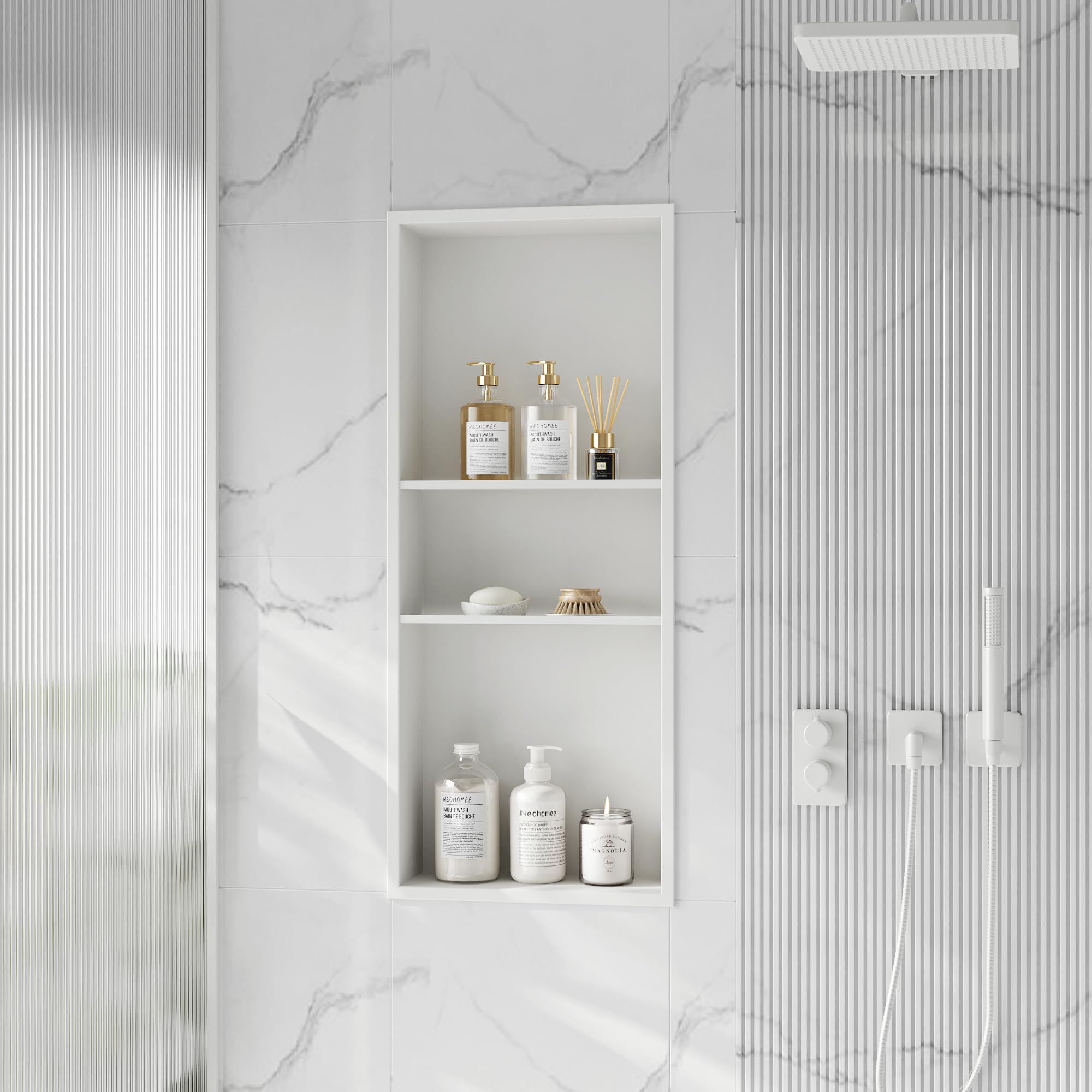 Neodrain 12X30 White Shower Niche - Stainless Steel Recessed Bathroom Storage Shelf - No Tile Needed - Perfect for Shampoo, Soap & Bath Essentials Organization