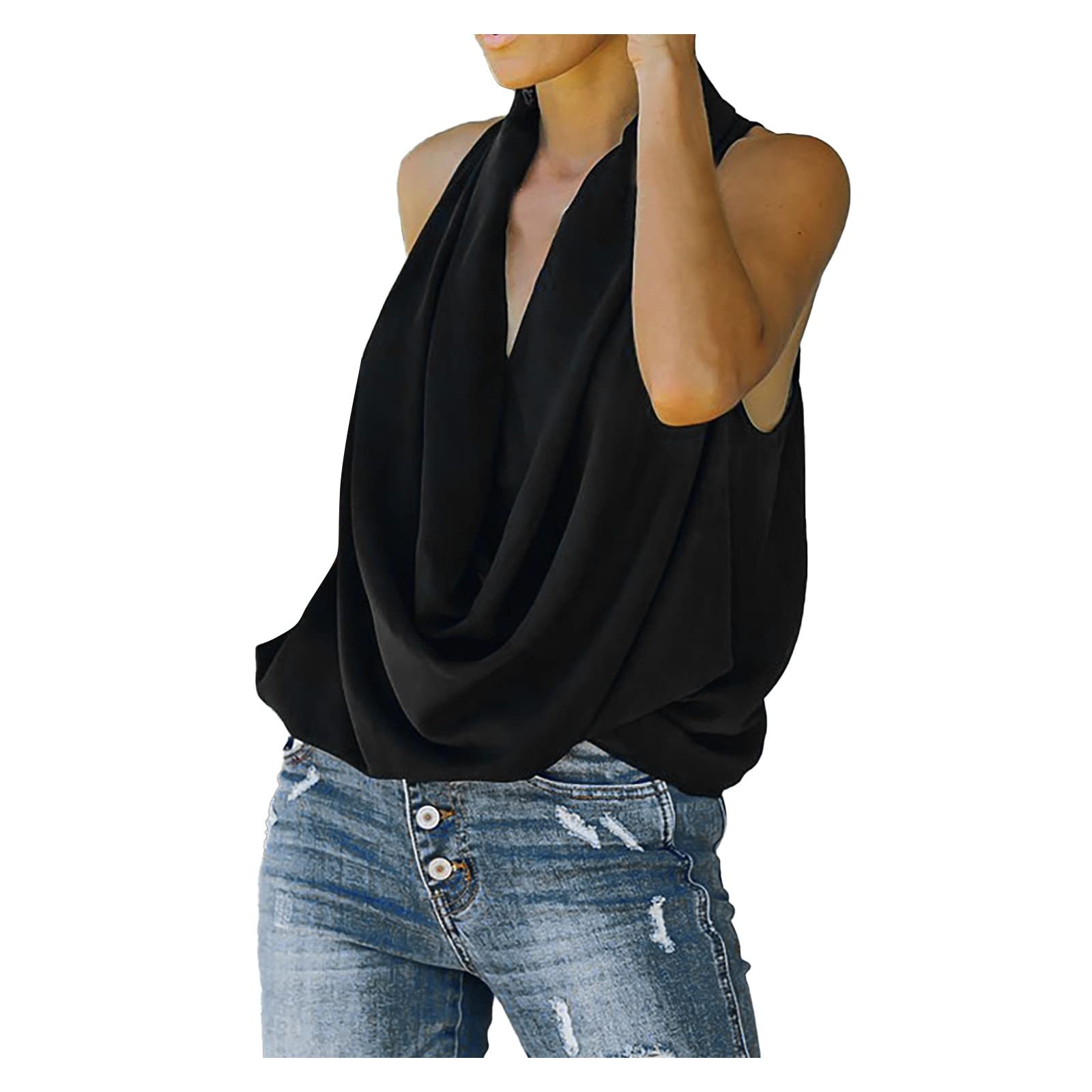 Trendy V Neck Chiffon Tank Tops for Women - Solid Color Sleeveless Blouse with Pile Collar, Loose Fit Casual Cami Vest | Perfect for Summer Outfits, Beach Wear & Office Casual Style