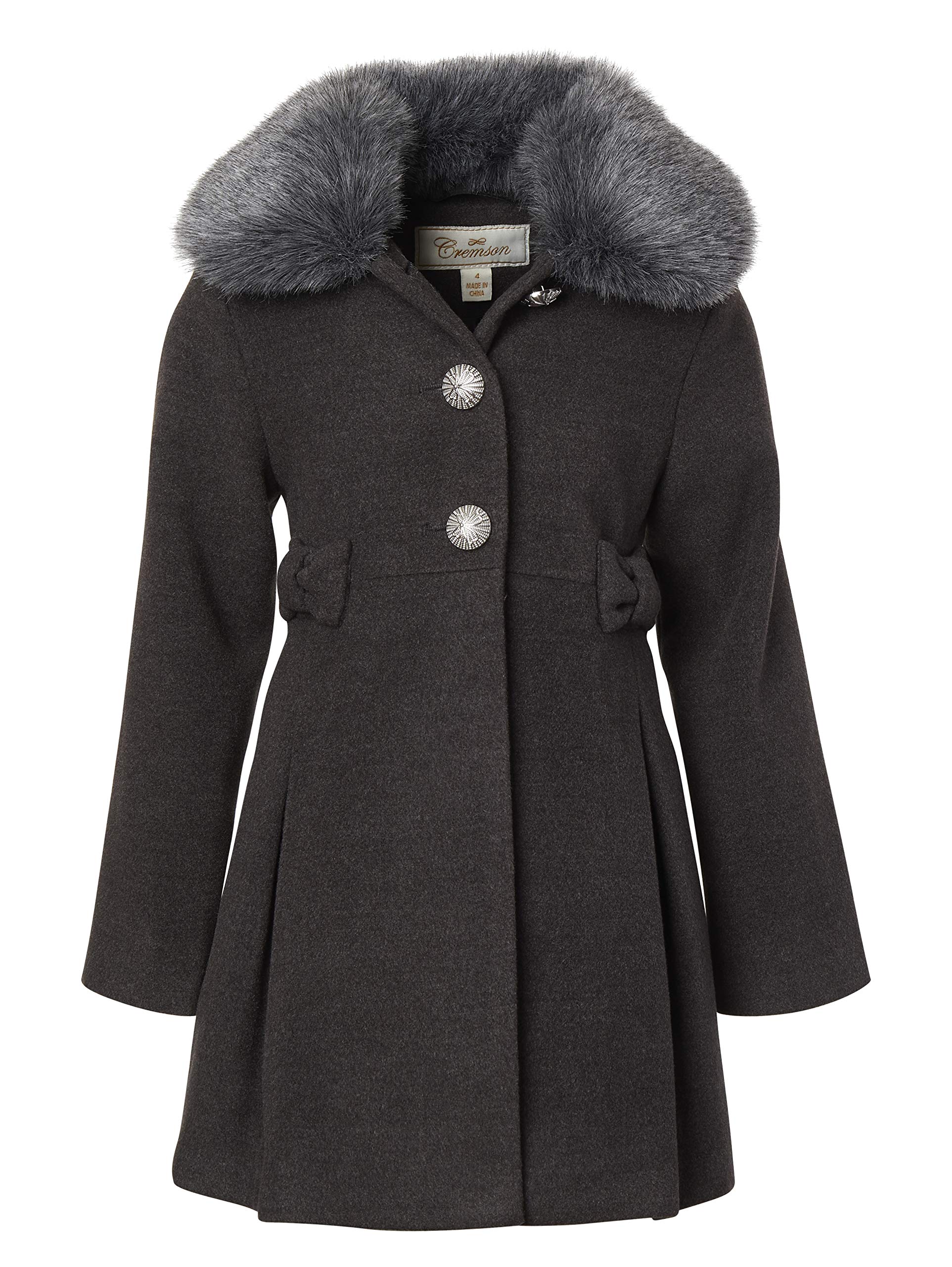 Wool Look Winter Princess Bow Dress Pea Coat Jacket with Faux Fur Collar for Girls - Elegant Winter Outerwear for Holiday Parties & Special Occasions