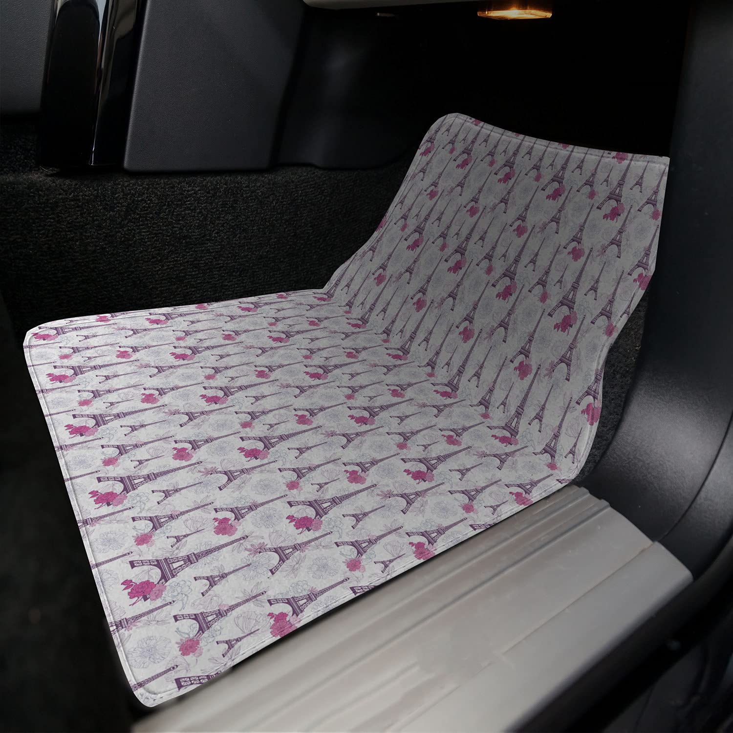 Lunarable Paris Car Mat Set of 4 - Floral Eiffel Tower Design, Non-Slip PVC Backing Floor Mats for Front & Back Seats, Pale Eggplant Pink | Perfect Gift for Paris Lovers & Car Enthusiasts