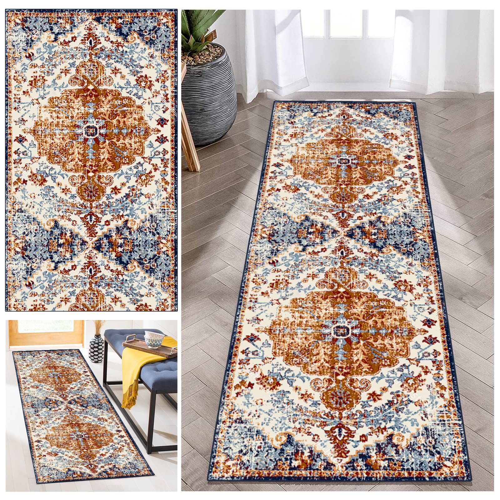 Persian Traditional Washable Hallway Runner Rug - Ultra Soft Non-Slip Kitchen Carpet | Long Durable Entryway Mat for Laundry Room, Bedroom & Living Room Floor Decor | Perfect for High-Traffic Areas & Home Interior Design