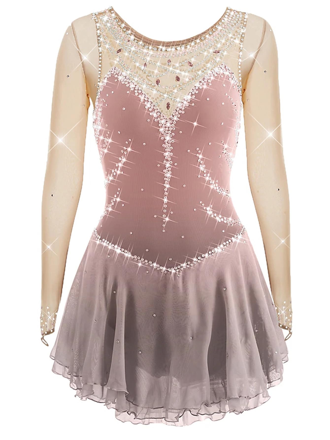 Girls Figure Skating Dress - Grey & Pink Round Neck Long Sleeve Rhinestone Performance Costume for Competition & Ice Shows | Elegant Grid Design for Skating Practice and Stage Performances