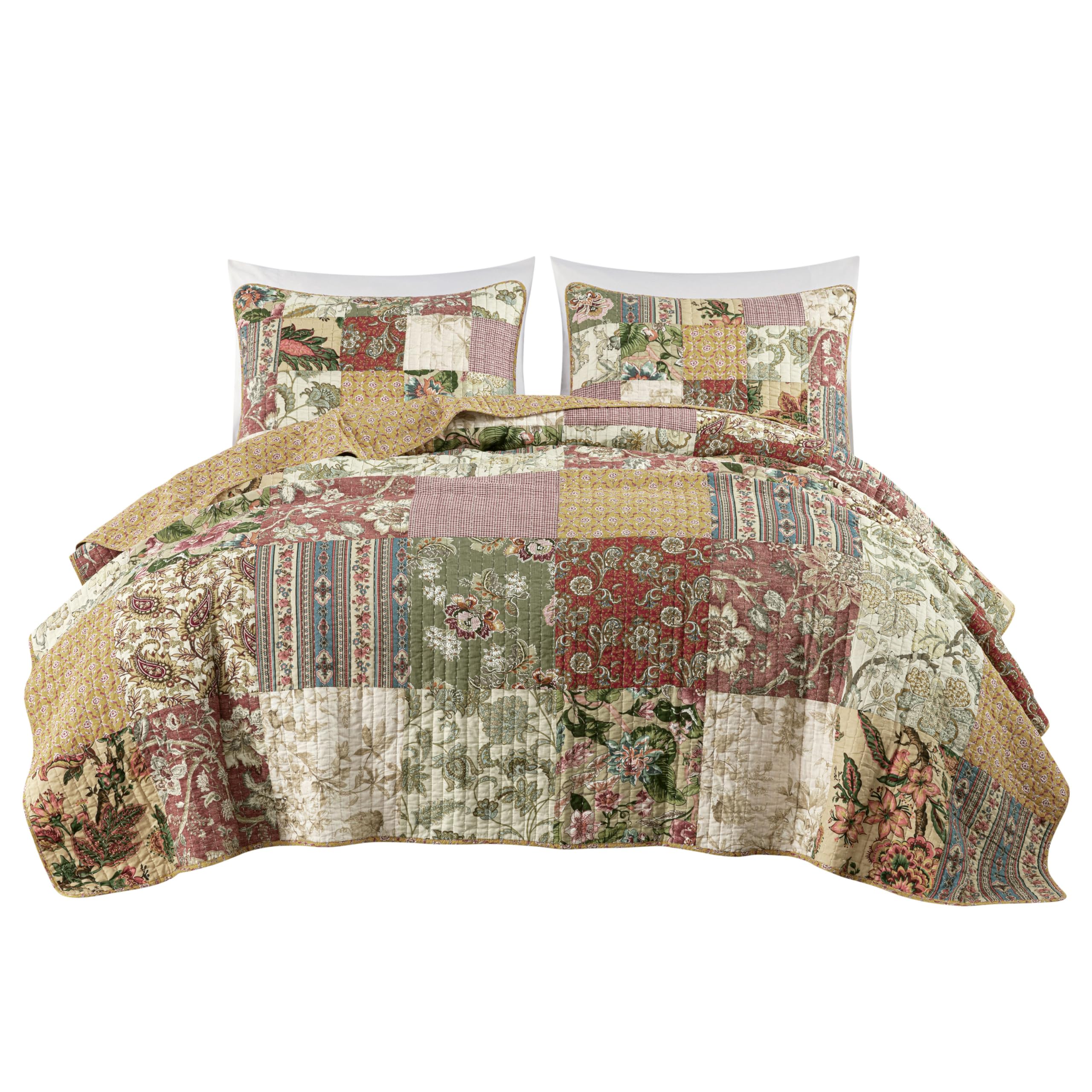 Chezmoi Collection Delaney 3-Piece Floral Patchwork Quilt Set - 100% Pre-Washed Cotton King Size Bedding for Master Bedroom & Guest Room Decor