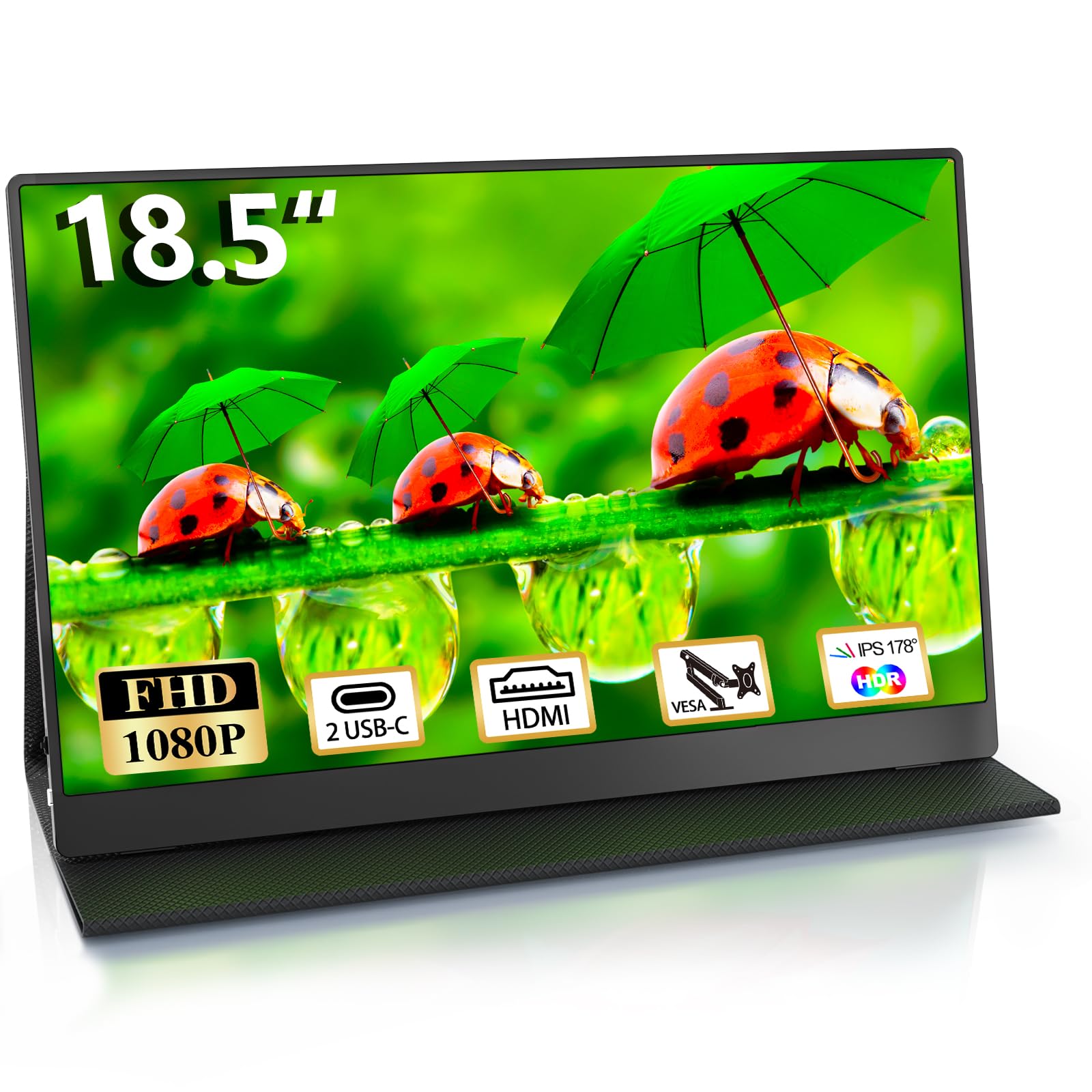18.5 Inch Portable Monitor for Laptop - FHD 1080P IPS Display with 100% sRGB, USB-C & HDMI Ports, VESA Mount, HDR, Built-in Speakers & Smart Cover - Perfect for Travel, Work, Gaming and Home Office Setup