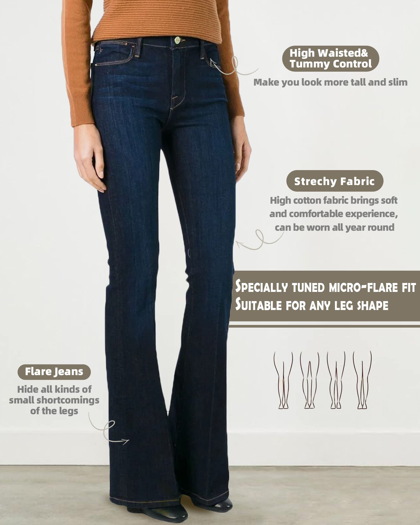 BISUAL Women's High Waisted Wide Leg Flare Jeans - Stretchy Slimming Denim Pants for Casual & Office Wear