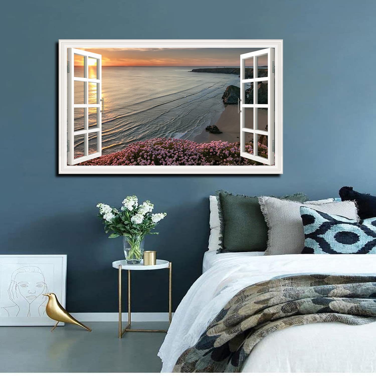 Stunning Beach Horizon Canvas Art - Fake Open Window Wall Decor - Framed Painting for Living Room, Office & Bedroom - Ready to Hang - Perfect for Coastal & Nautical Home Decor