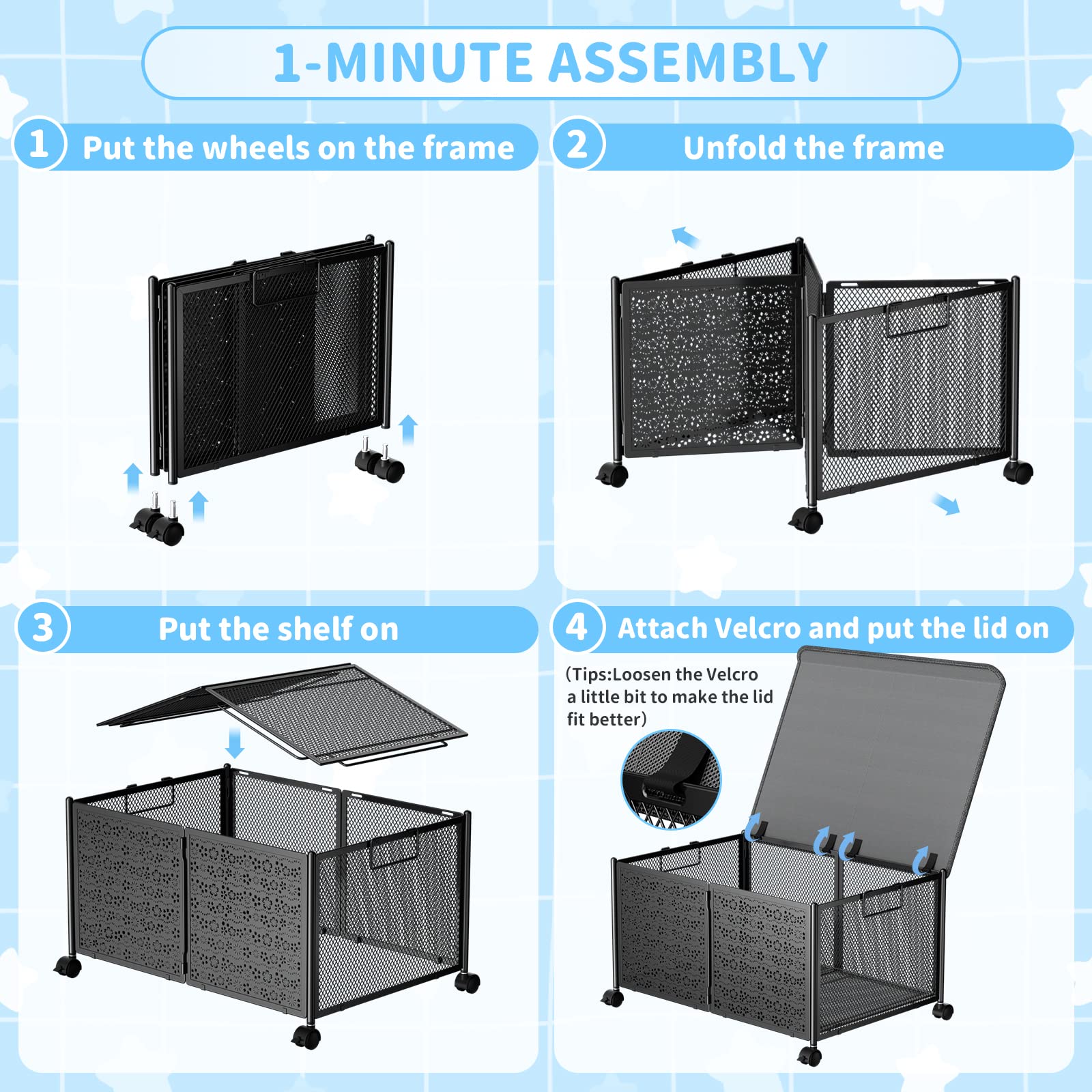 PHINOX 70L Large Toy Storage Box with Wheels - Collapsible Metal Toy Organizer Chest for Kids, Nursery & Playroom - 2 Pack for Boys & Girls | Perfect for Organizing Toys, Books & Games in Bedrooms, Daycares & Play Areas