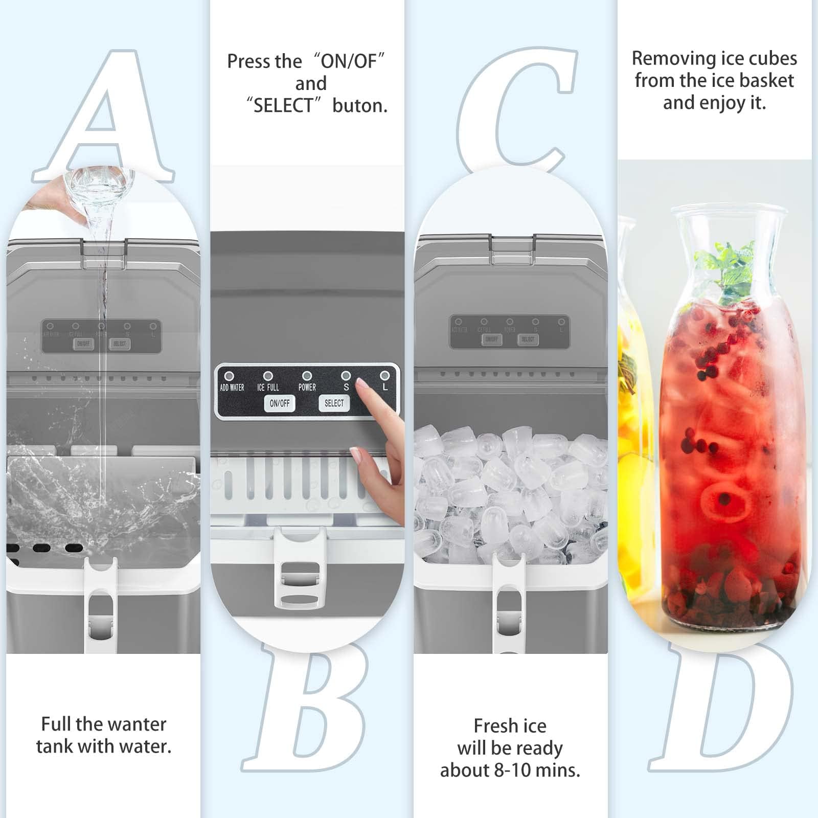 Portable Ice Maker Countertop with Self-Cleaning Function, 26.5Lbs Daily Output, Makes 9 Cubes in 6-9 Minutes, Dual Handle Design with 2 Ice Sizes (Bullet Ice & Cube), Includes Ice Scoop & Basket - Perfect for Home, Office, Kitchen, Party & Outdoor Events (Grey)