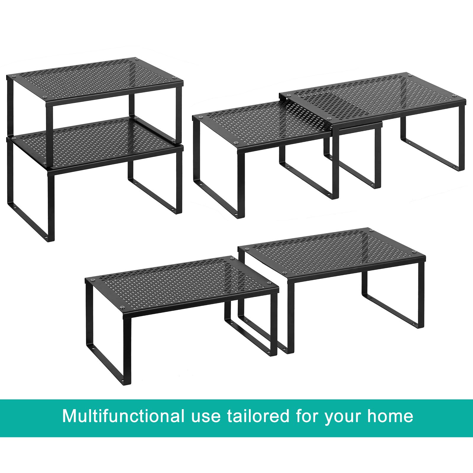 MOOACE 4-Pack Expandable Stackable Metal Cabinet Shelf Organizers - Space Saving Kitchen Counter Storage for Spices, Utensils & Pantry Items - Perfect for Small Kitchens, Pantries & Bathrooms