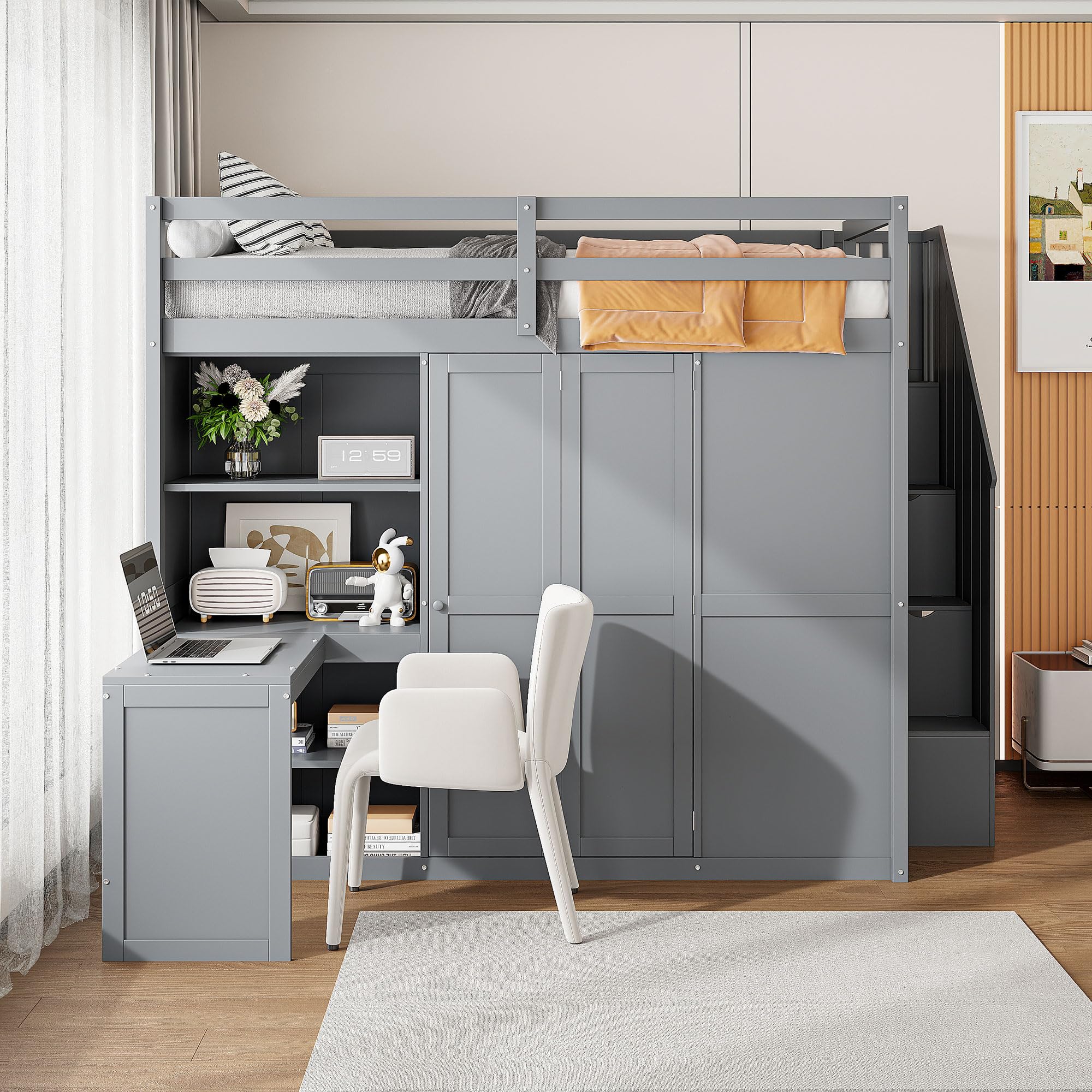 Merax Full Size Loft Bed with Wardrobe, Desk & Shelves - Sturdy Wooden Bunk Bed Frame in Grey - Perfect for Small Spaces, Dorm Rooms & Kids Bedrooms