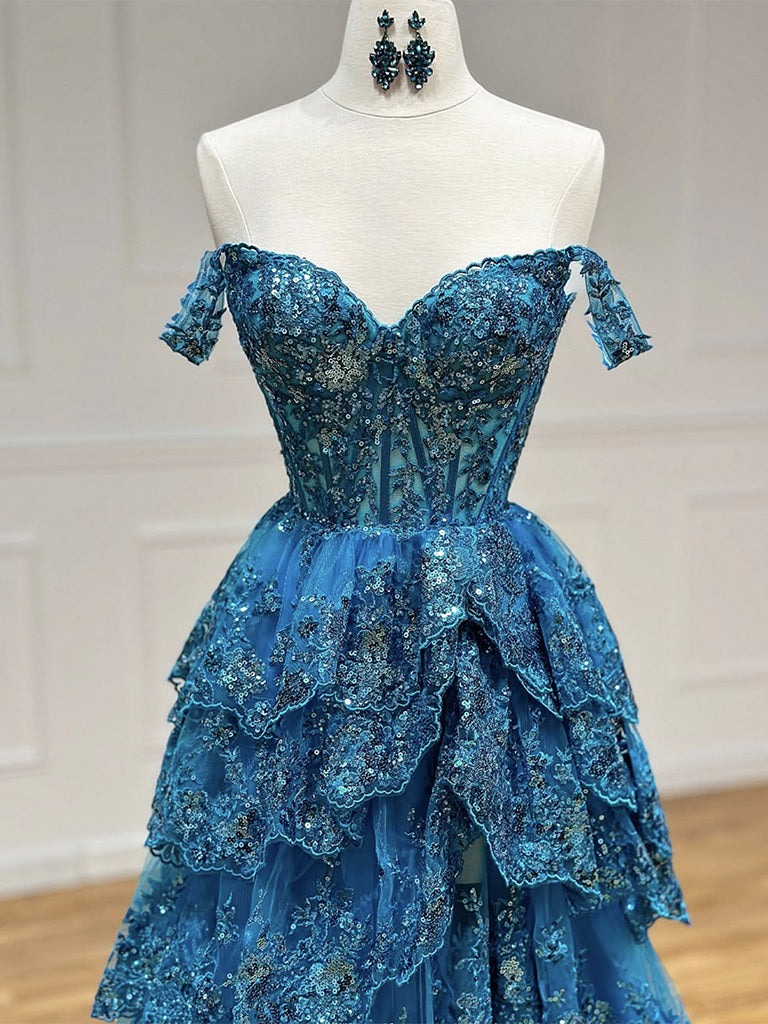 Elegant A-Line Tulle Sequin Blue Long Prom Dress for Women - Sparkling Formal Gown for Homecoming, Evening Parties & Special Occasions