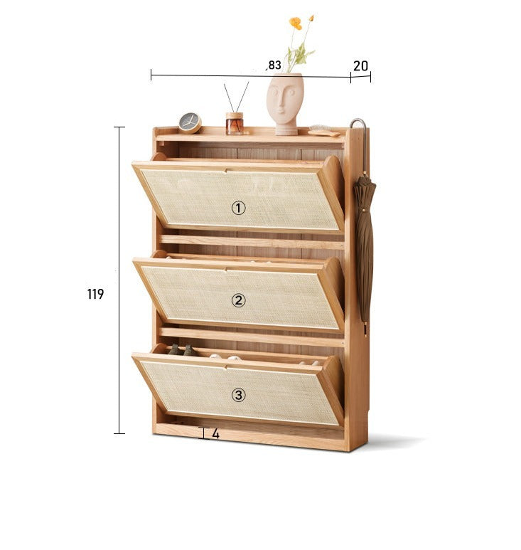 Oak Solid Wood Ultra Thin Flap Door Rattan Shoe Cabinet - Space Saving Entryway Storage Organizer for Hallway, Closet & Mudroom