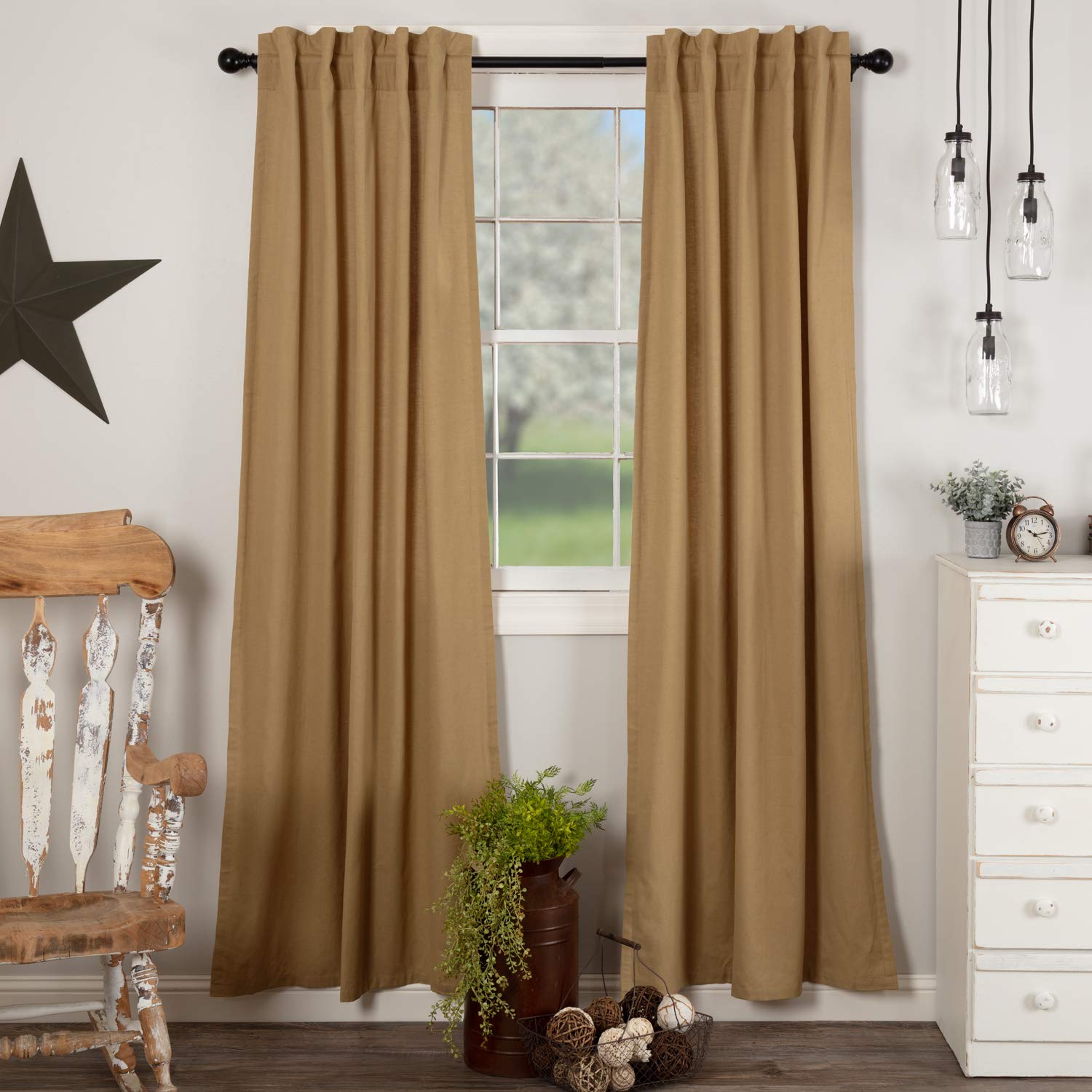 VHC Brands Simple Life Flax Khaki Farmhouse Window Curtain Panel Set of 2 (84x40 Inches) - Light Filtering Country Style Drapes for Living Room & Bedroom