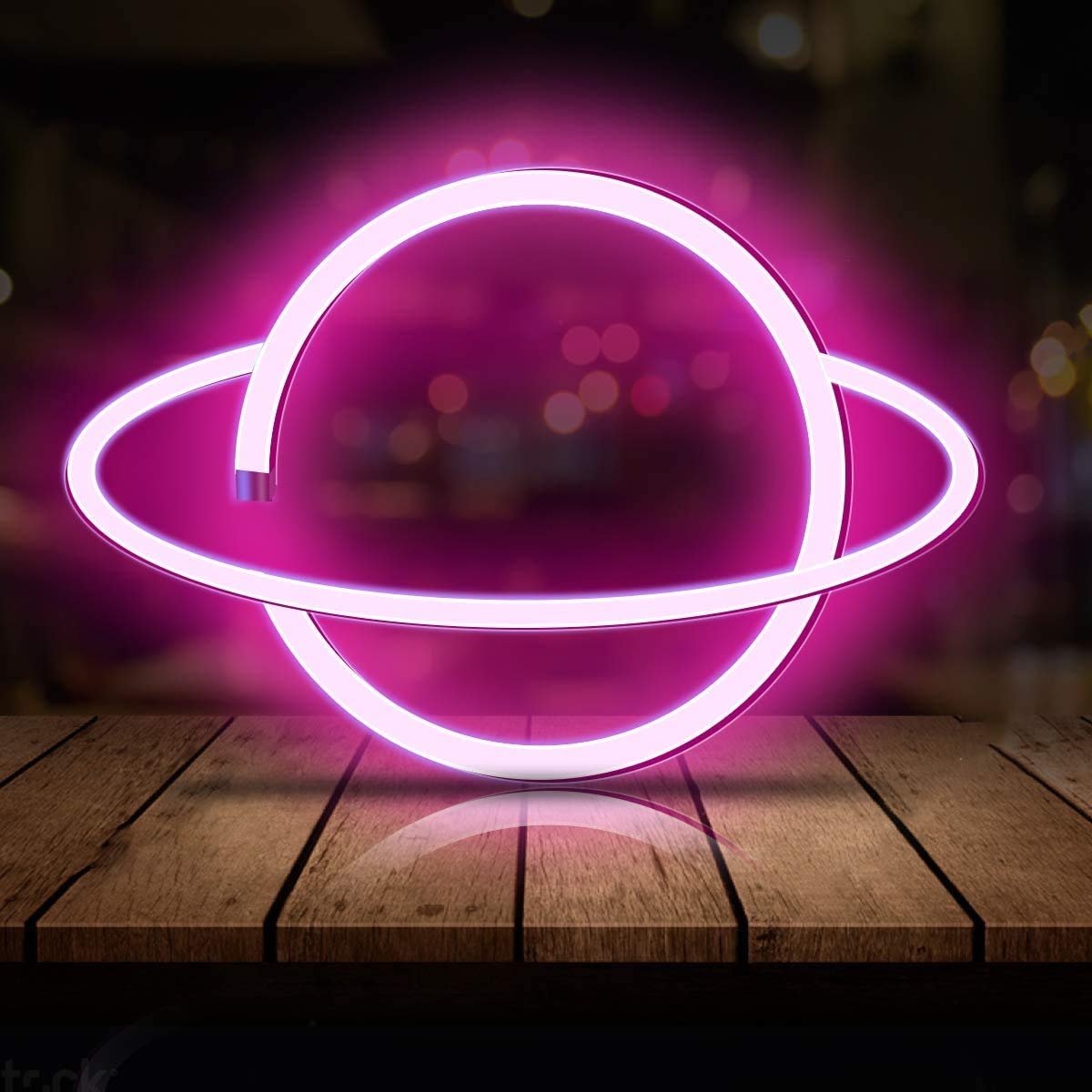WONFAST Pink LED Neon Light Sign - Planet Rocket Acrylic Wall Decor with USB/Battery Power for Kids Room, Christmas, Birthday & Wedding Party - Night Light for Bedroom, Nursery, Game Room & Home Decor