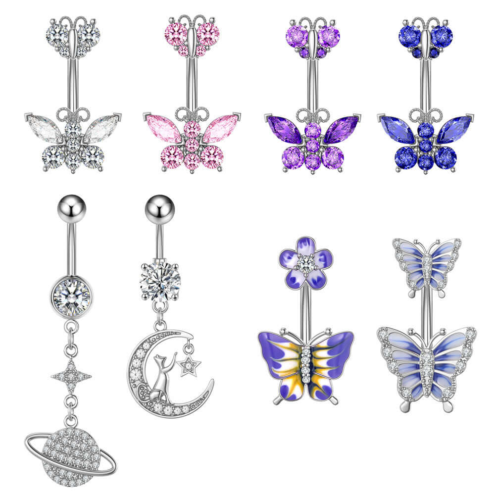 14G Purple CZ Butterfly Double Mount Dangle Belly Button Ring | WH2560 - Stylish Body Jewelry for Women, Perfect for Parties, Beach & Summer Outfits