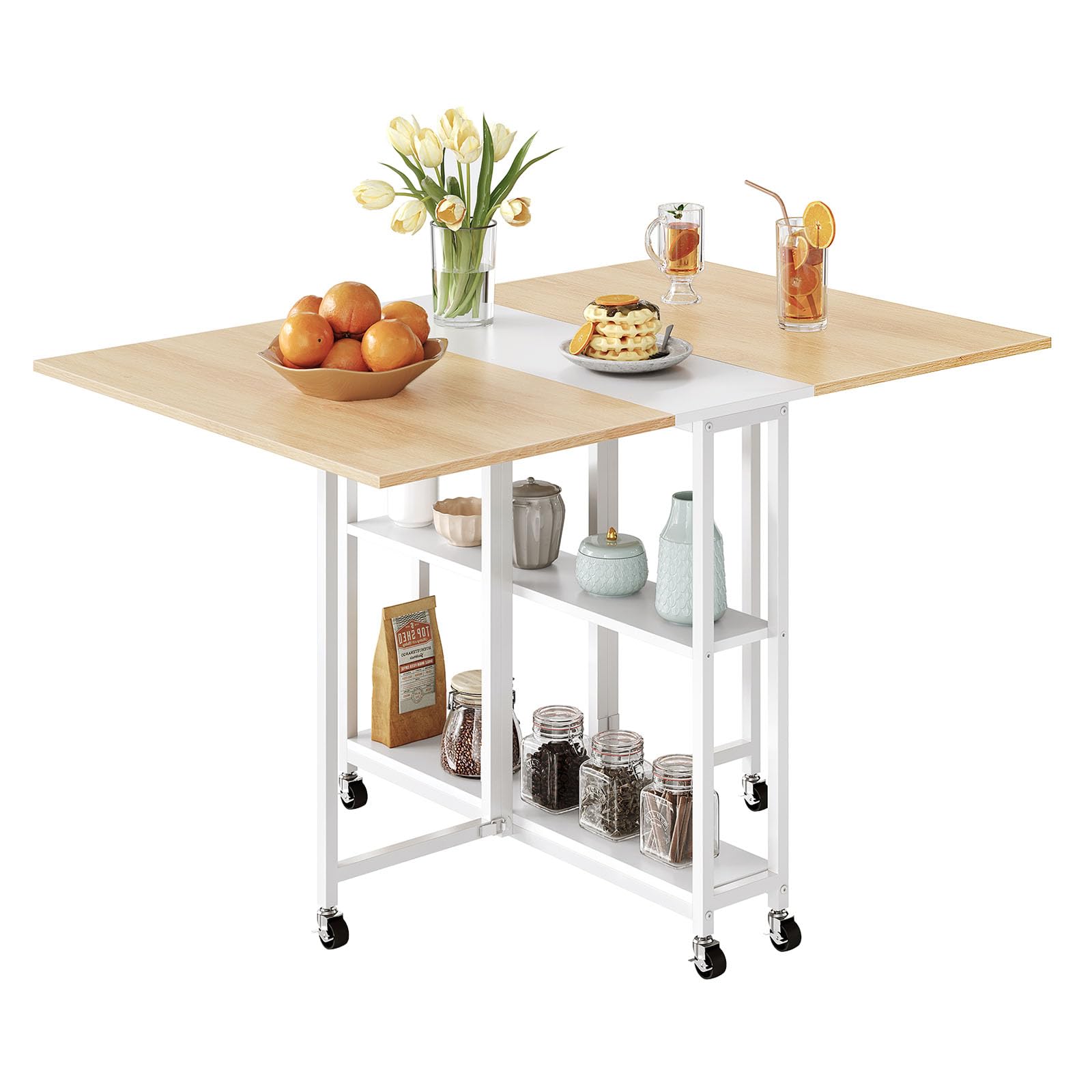 Foldable Expandable Dining Table with Wheels - Space Saving Kitchen & Living Room Furniture for Small Apartments, White & Natural Wood Finish (Model TCZ01WN) - Perfect for Compact Homes, Studio Apartments & Multi-Purpose Spaces