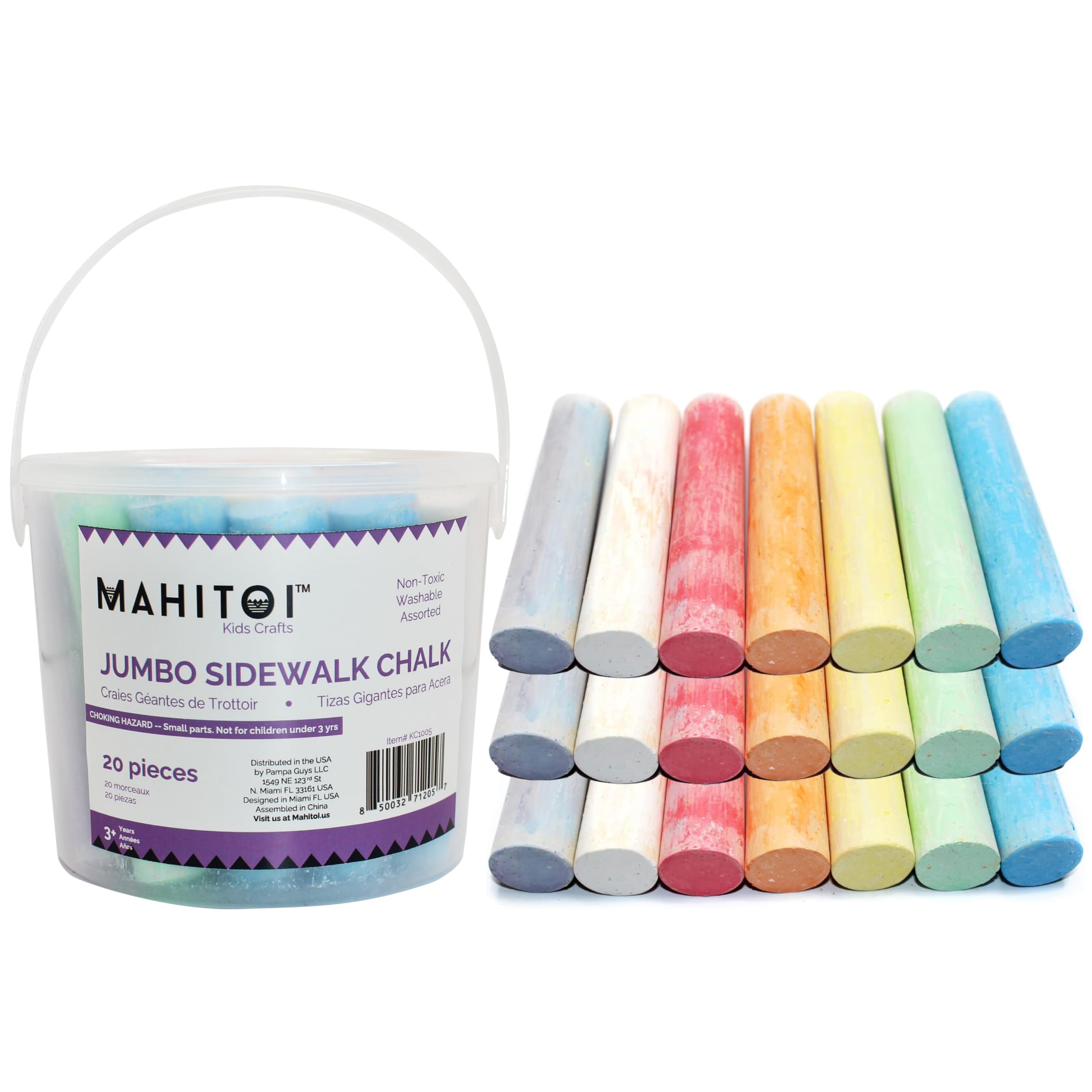 Washable Jumbo Sidewalk Chalk for Kids - Non-Toxic, Vibrant Colors, Easy-Grip Sticks (20-Pack) - Perfect for Outdoor Play, Driveway Art & Summer Activities