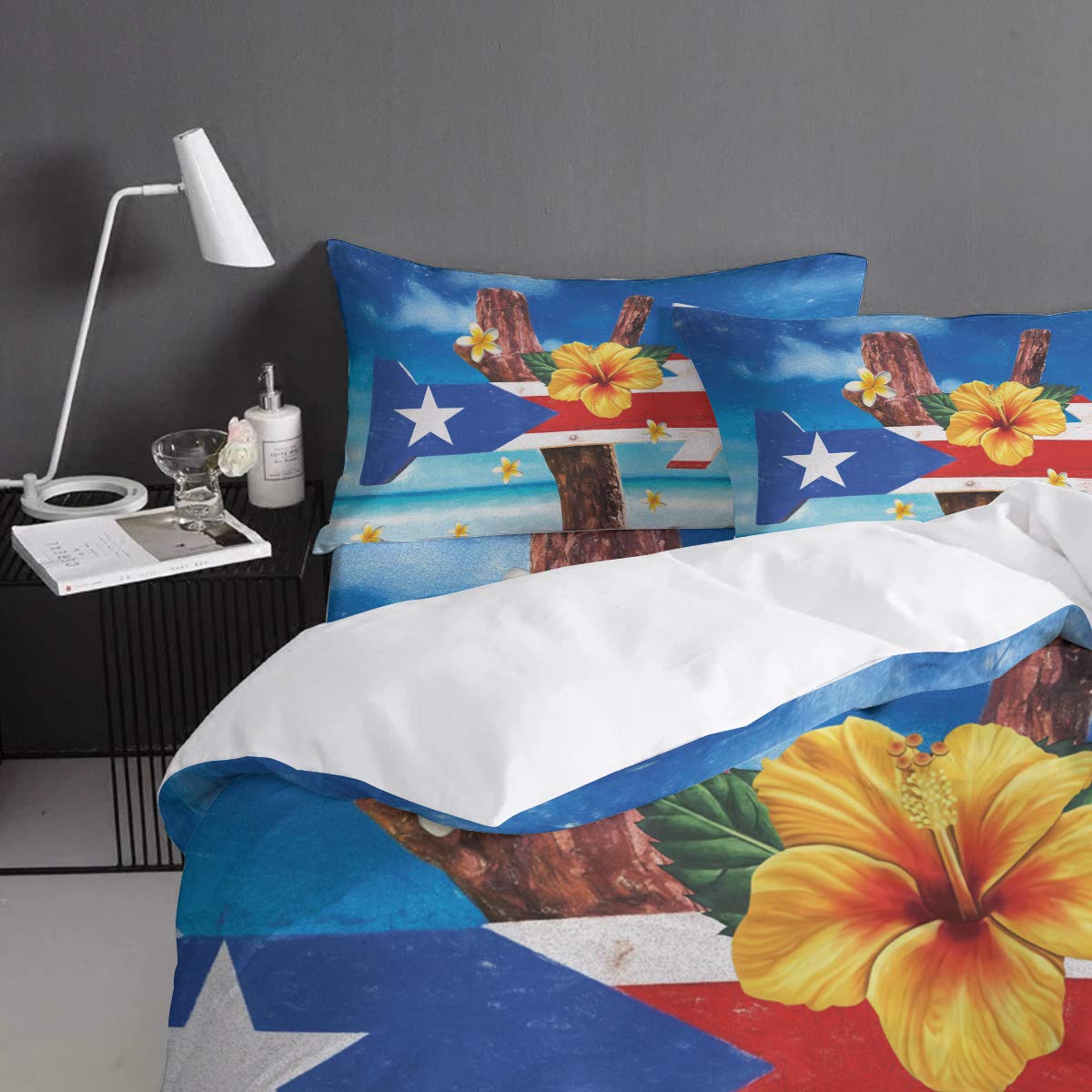 4-Piece Puerto Rico Flag Duvet Cover Set with Hibiscus Print - Queen Size Ultra Soft Quilted Bedding Includes 2 Pillowcases - Tropical Seaside Landscape Design for Coastal & Vacation Home Decor