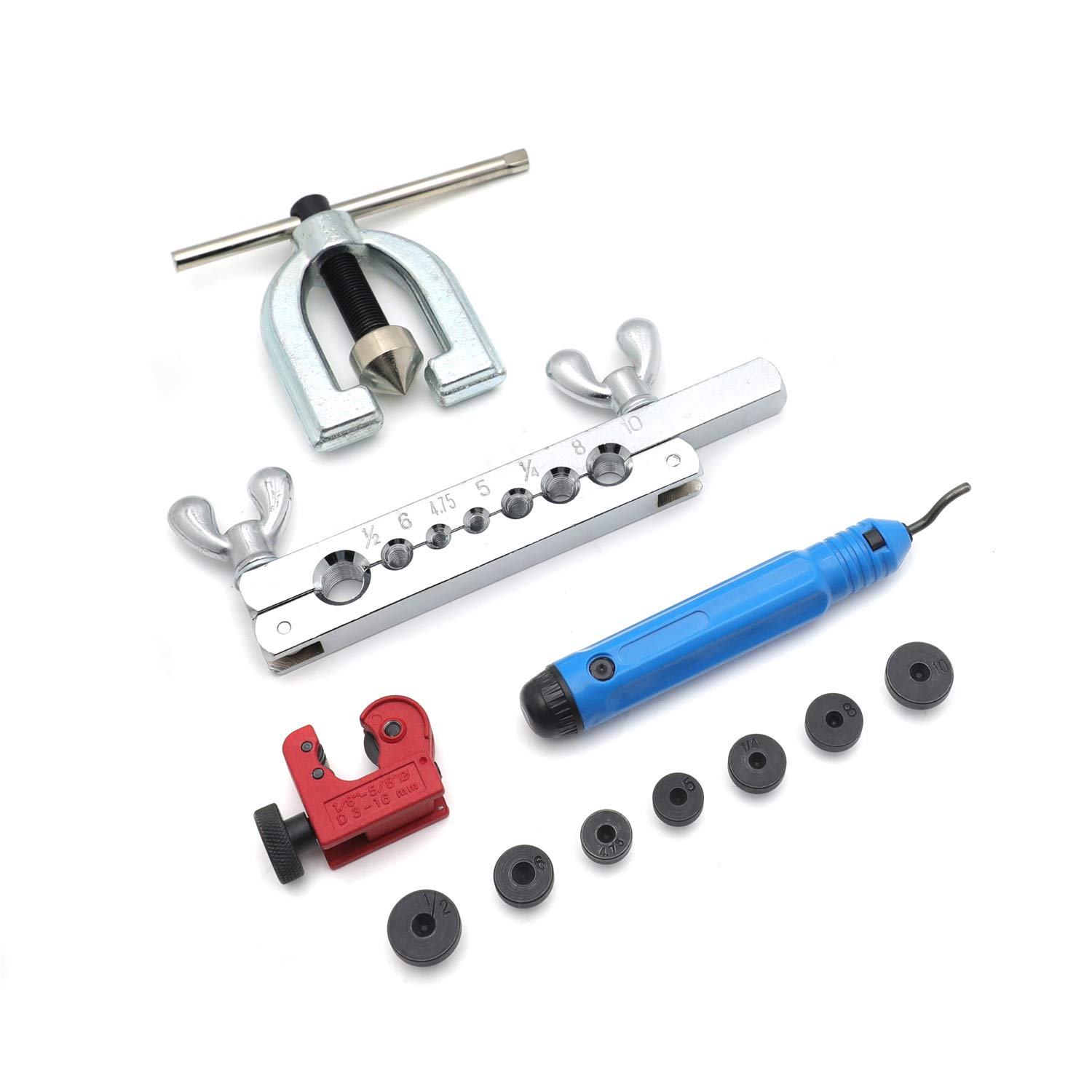 HK-7 Dies Double Flaring Tool Kit for Brake Lines - Professional Copper & Brass Tubing Flaring Tool with Case - Perfect for Car, Truck, and Mini Pipe Repair - Includes Cutter & Deburrer (ET-TOOL025-RED) - Ideal for DIY Auto Maintenance and Professional Mechanic Workshops