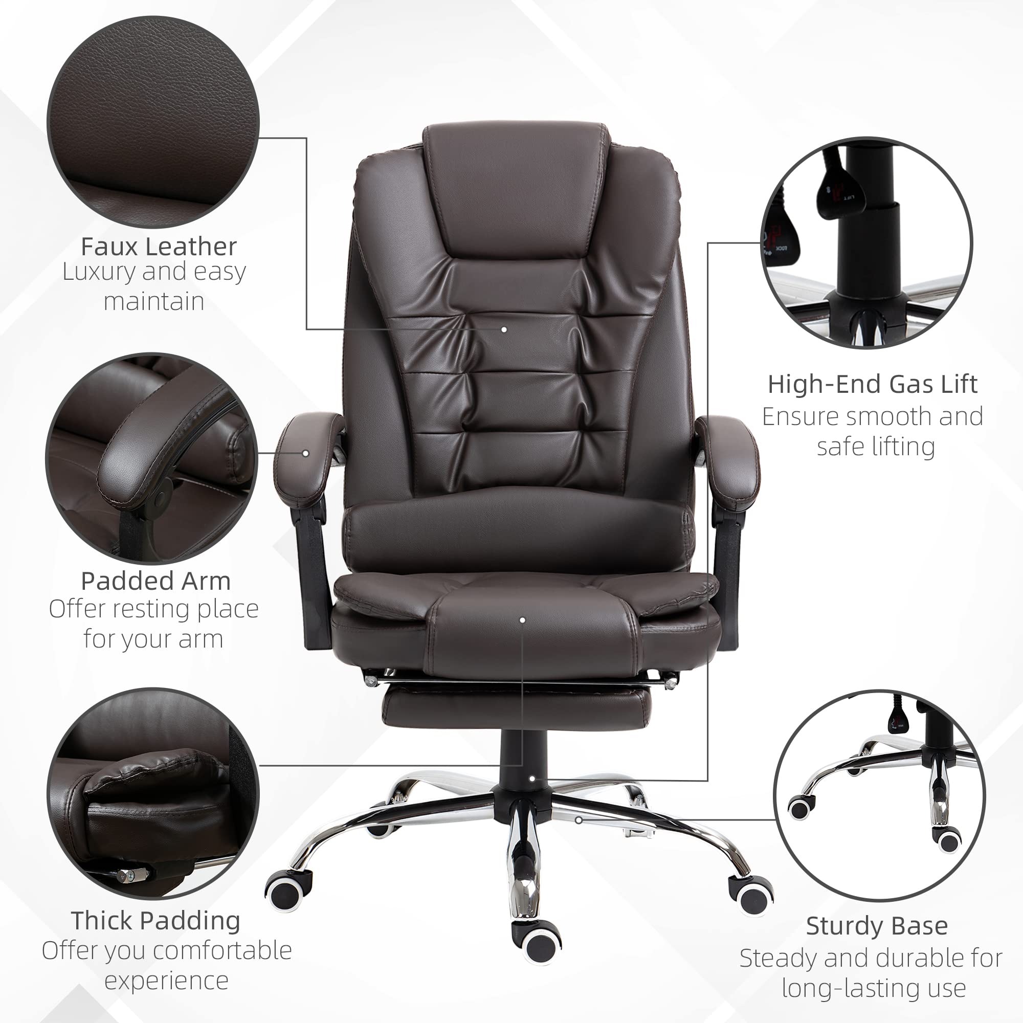 HOMCOM High Back Ergonomic Executive Office Chair - PU Leather Computer Desk Chair with Adjustable Lumbar Support, Retractable Footrest, Padded Headrest & Armrests (Coffee Brown) for Home Office, Gaming & Workspace Comfort