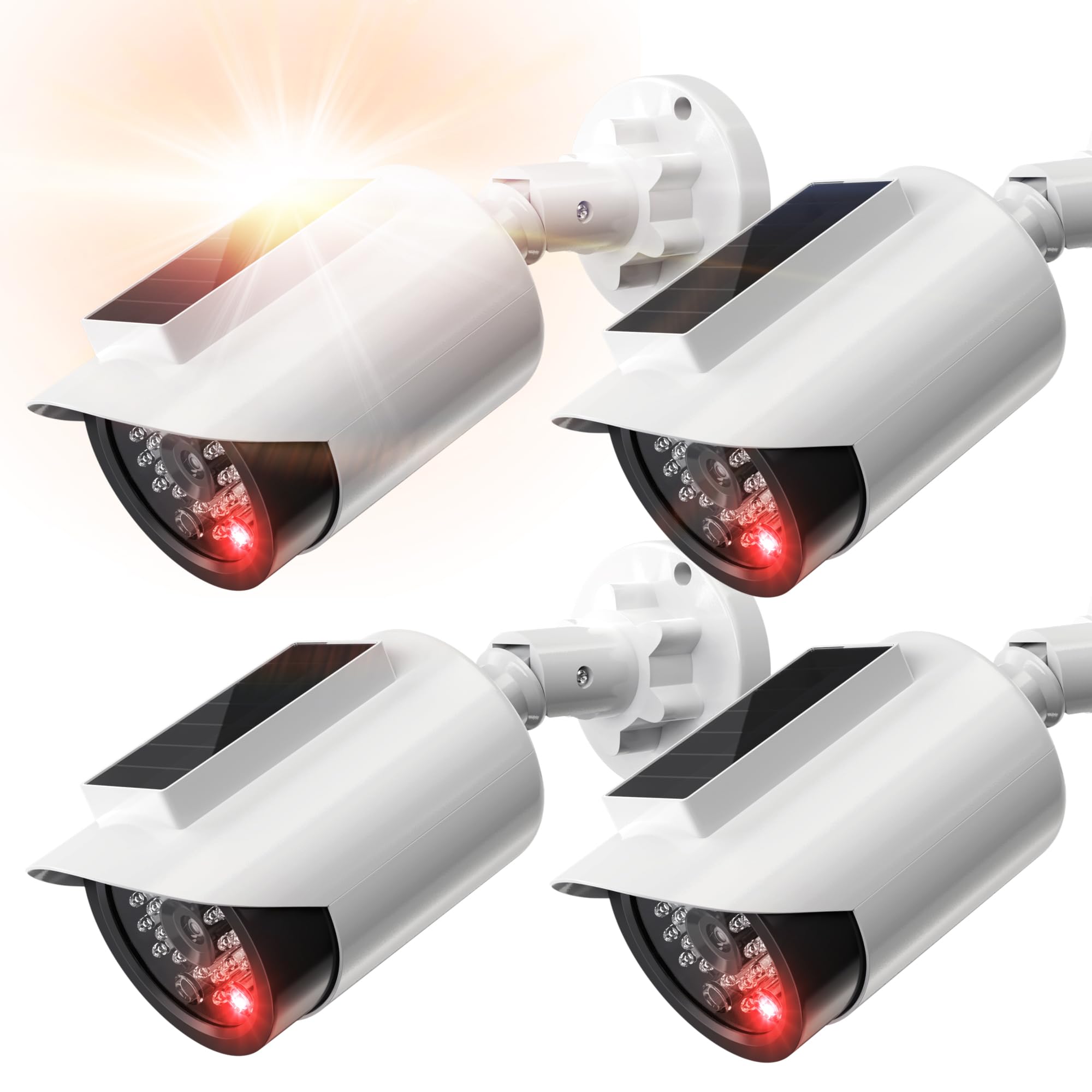 BNT Solar Powered Fake Security Camera - Bullet Style Dummy Surveillance Camera with Red LED Light for Night, Includes Warning Stickers - Outdoor Home Security Deterrent (4-Pack, White, Battery Not Included) - Perfect for Garage, Yard & Apartment Safety