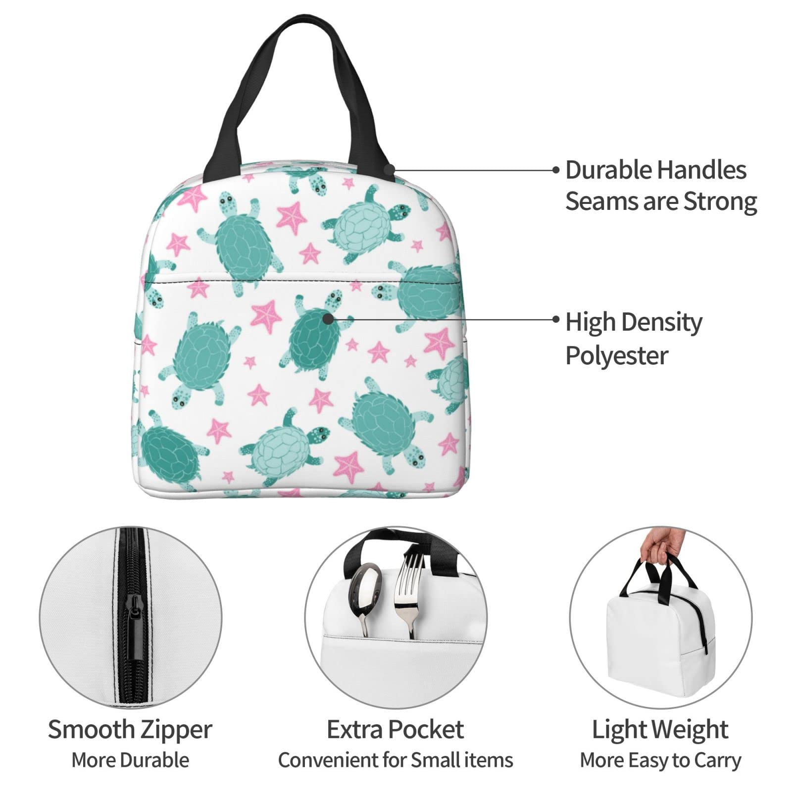 Insulated Lunch Box with Summer Turtle & Starfish Pattern - Reusable Meal Container for School, Work, Travel & Picnic | Portable Tote Bag for Teens, Boys & Girls