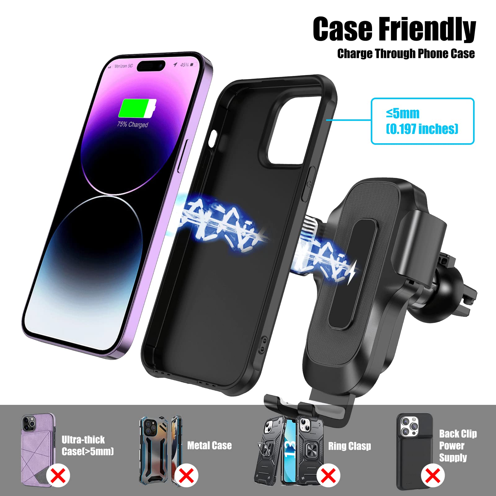 AMLINK 15W Qi Fast Wireless Car Charger - Auto Clamping Phone Holder for iPhone 14/13/12/11 Pro Max & Samsung Galaxy S23/S22/S21/S10/Note 20 - Secure Air Vent Mount - Perfect for Commuting, Road Trips & Hands-Free Driving