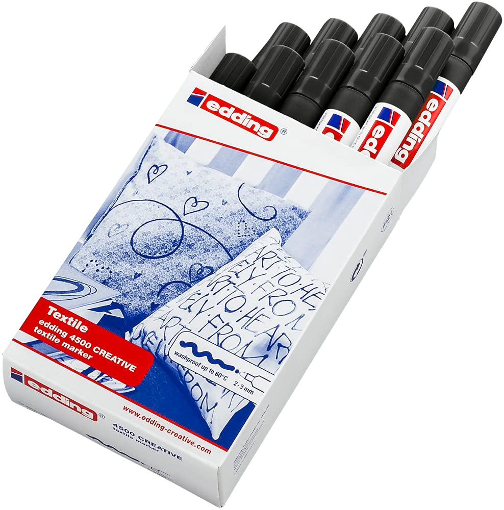 edding 4500 Permanent Fabric Markers - Black (10-Pack) - 2-3mm Round Tip Textile Marker Pens for Fabric Lettering & Drawing - Wash-Resistant Up to 60°C - Ideal for DIY Crafts, Clothing Labels & Textile Art Projects