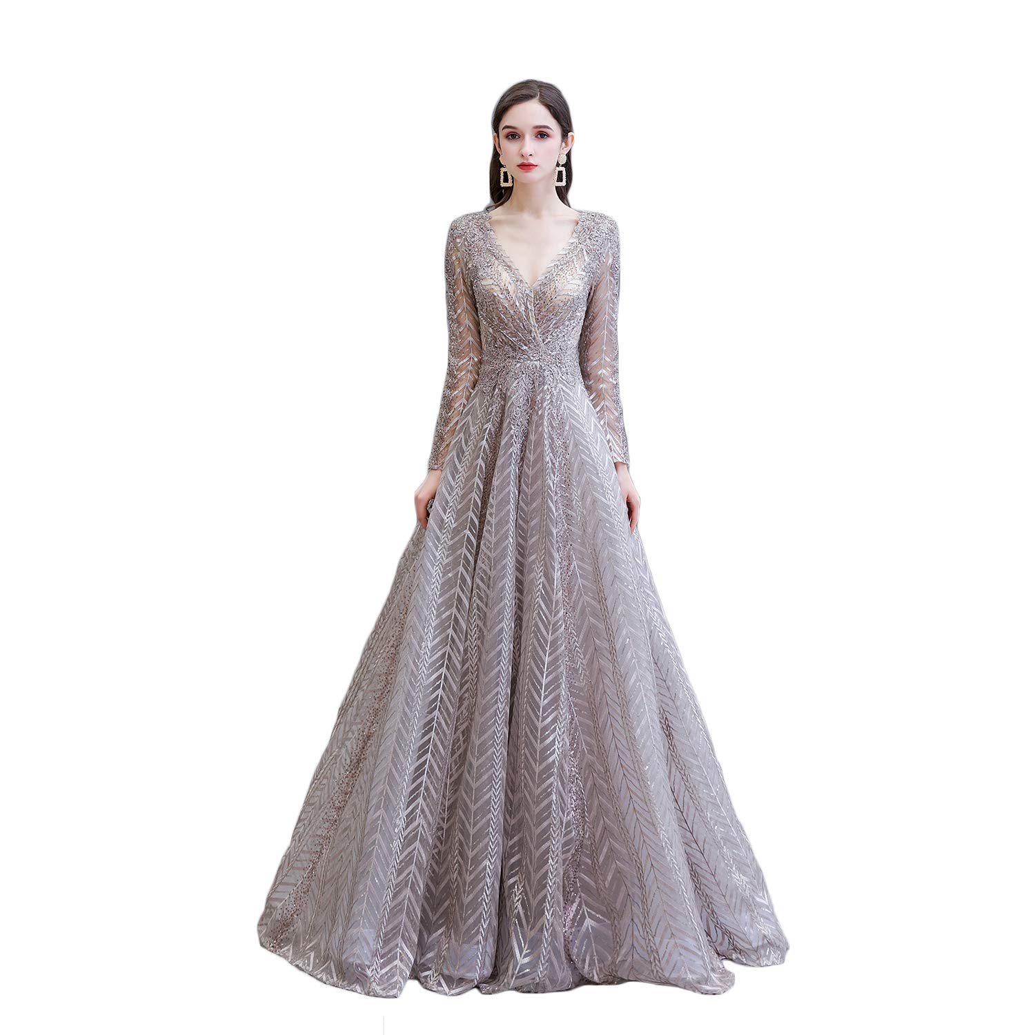 Sparkling Maricopyjam Women's Sequins & Crystals Lace Illusion Long Sleeve V-Neck Prom Dress for Evening Gala, Homecoming, or Wedding Party