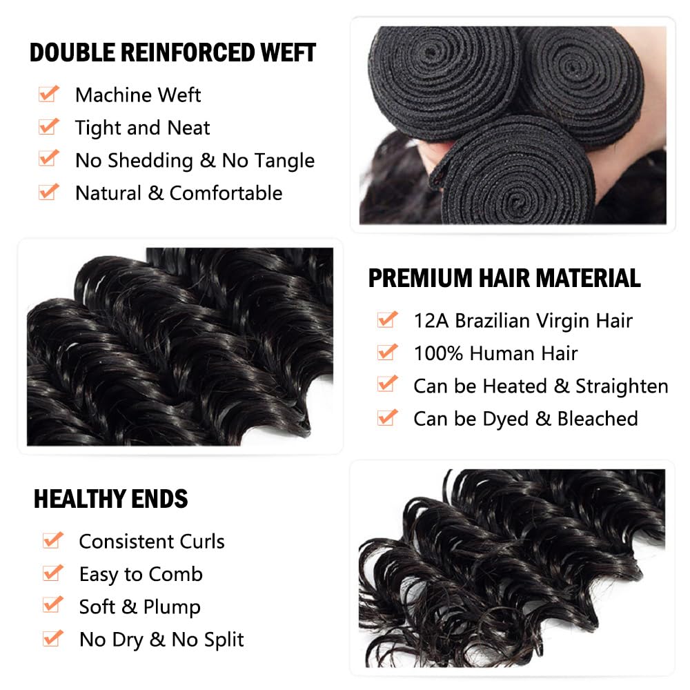 12A Brazilian Deep Wave Human Hair Bundles 22 24 26 Inch - 100% Unprocessed Virgin Remy Hair Weave for Black Women | Natural Wet & Wavy Curly Hair Extensions for Styling, Parties & Everyday Wear