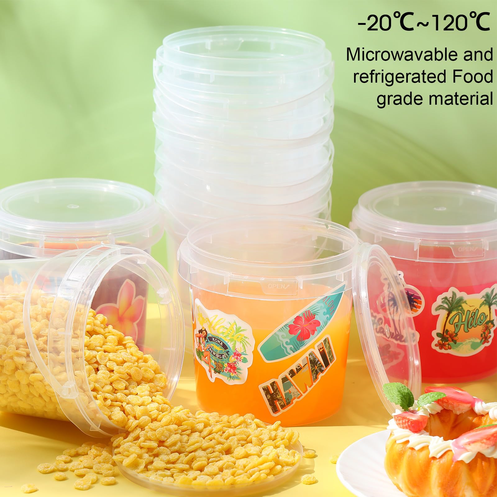 PerKoop 20-Pack 32 oz Clear Reusable Plastic Ice Cream Buckets with Lids & Handles - Transparent Cocktail Rum Containers with Stickers for Parties, Picnics, and Food Storage (Sea)