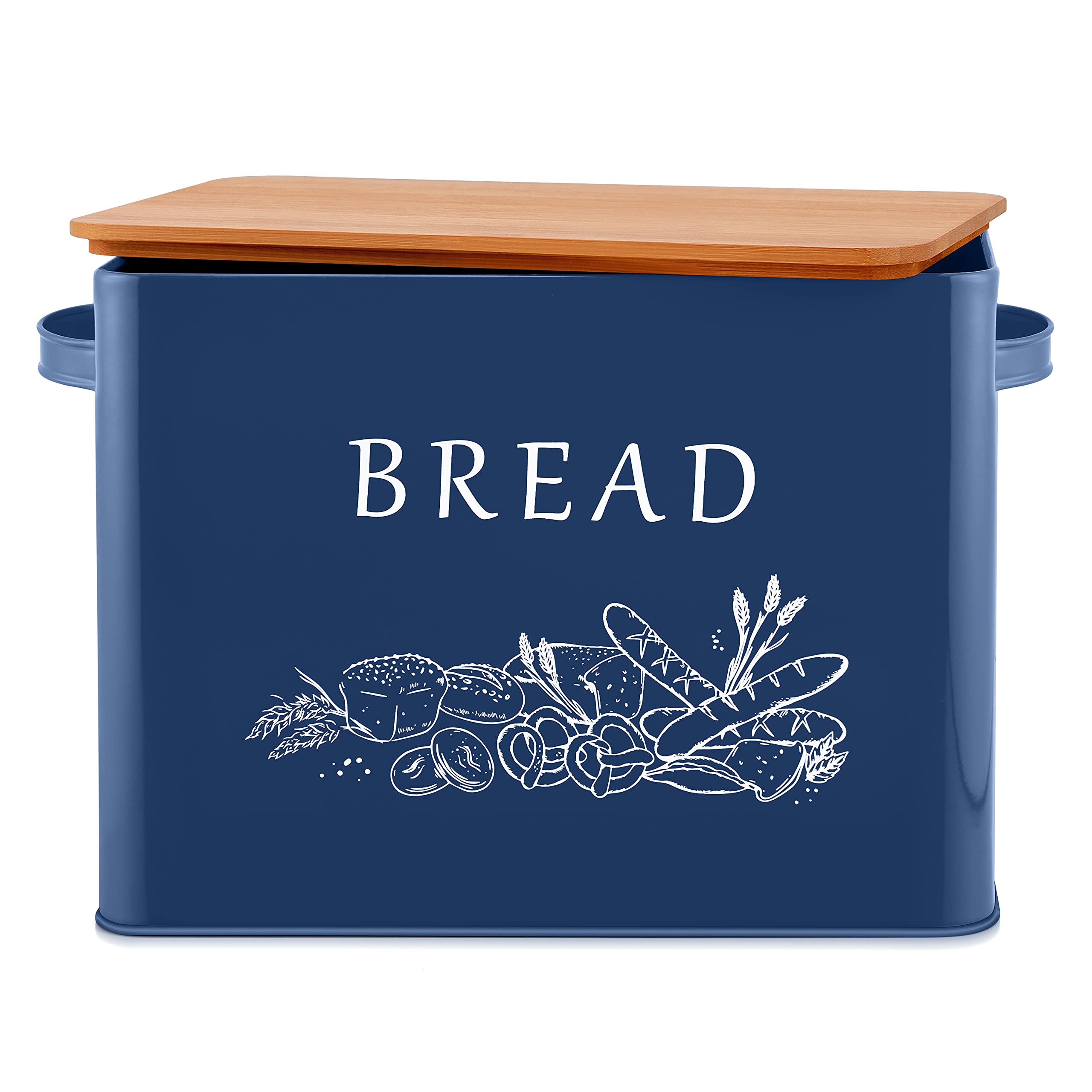 Farmhouse Style Extra Large Metal Bread Box with Bamboo Lid - 13” x 7.2” x 9.8” Navy Blue Bread Storage Container for Kitchen Countertop | Perfect for Bread, Baguettes & Pastries - Rustic Kitchen Organization & Decoration