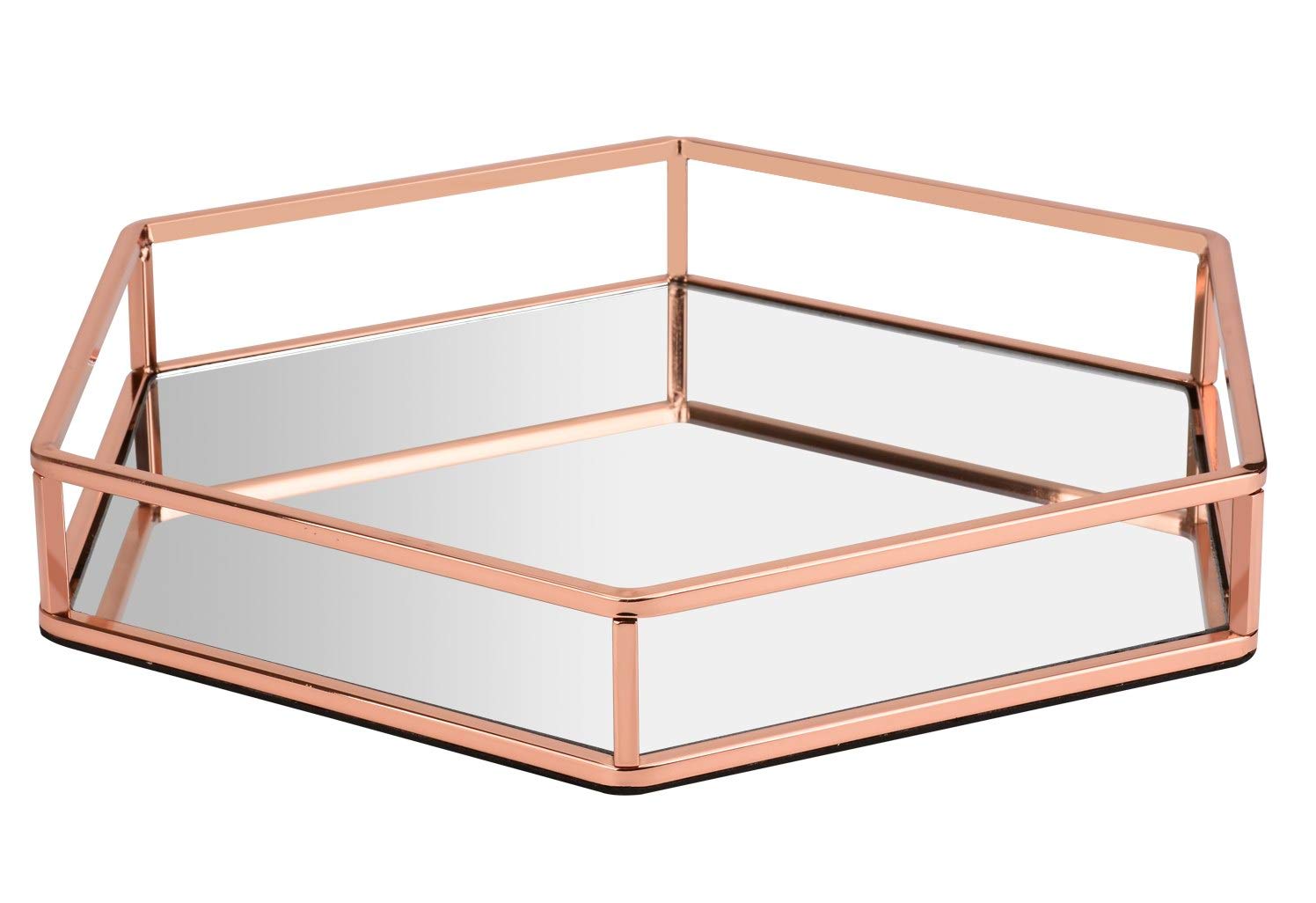 Hexagon Rose Gold Mirror Tray - 13.8 Inch Decorative Vanity Organizer with Glossy Metal Frame for Jewelry, Perfume & Makeup Storage | Stylish Coffee Table Serving Tray for Home Decor, Bridal Shower & Gift Giving
