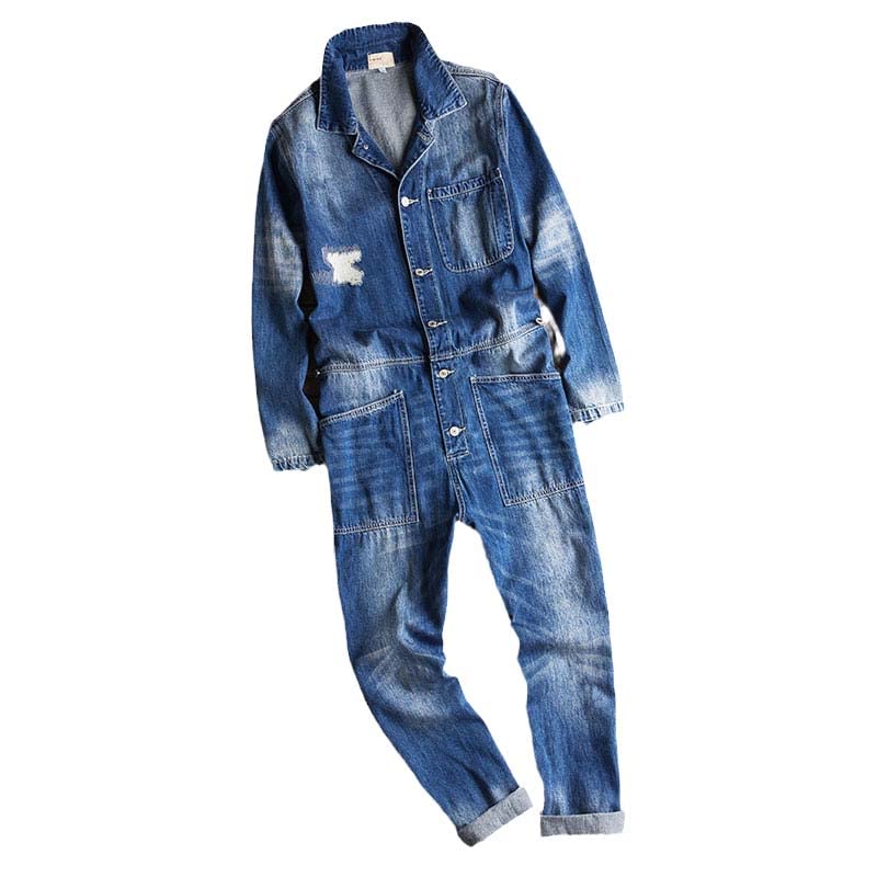 Men's Long Sleeve Denim Jumpsuit - Single Breasted Casual Jeans Coat with Straight Leg Pants | Hip Hop Style Loose Fit Blue Overalls for Autumn | Perfect for Streetwear, Concerts and Urban Fashion