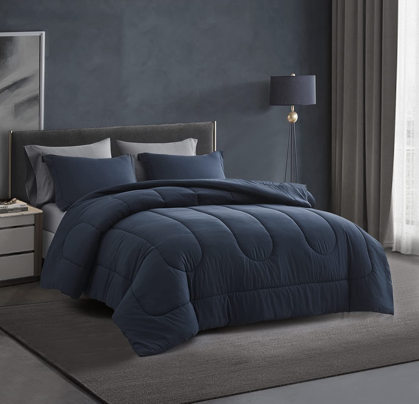 Maple & Stone 7-Piece Queen Size Comforter Set - Down Alternative Bedding Set with Soft Reversible Duvet Insert, Sheets & Pillowcases (Navy & Dark Grey) - Perfect for Master Bedrooms, Guest Rooms & Cozy Home Decor