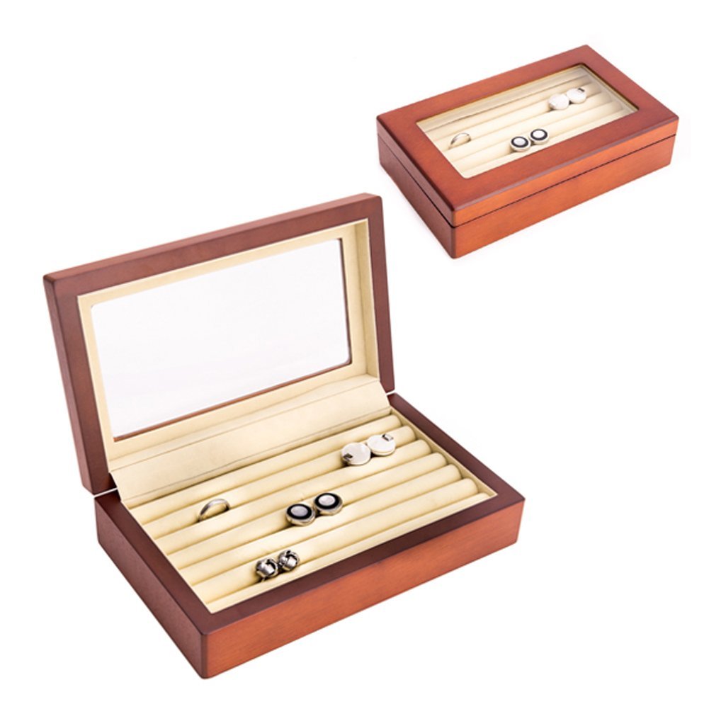 Pierce & Hobbs Cherry Wood and Glass Jewelry Box - Elegant Cufflinks & Earring Storage Case - Perfect for Wedding Gifts, Jewelry Organization, and Travel Accessories