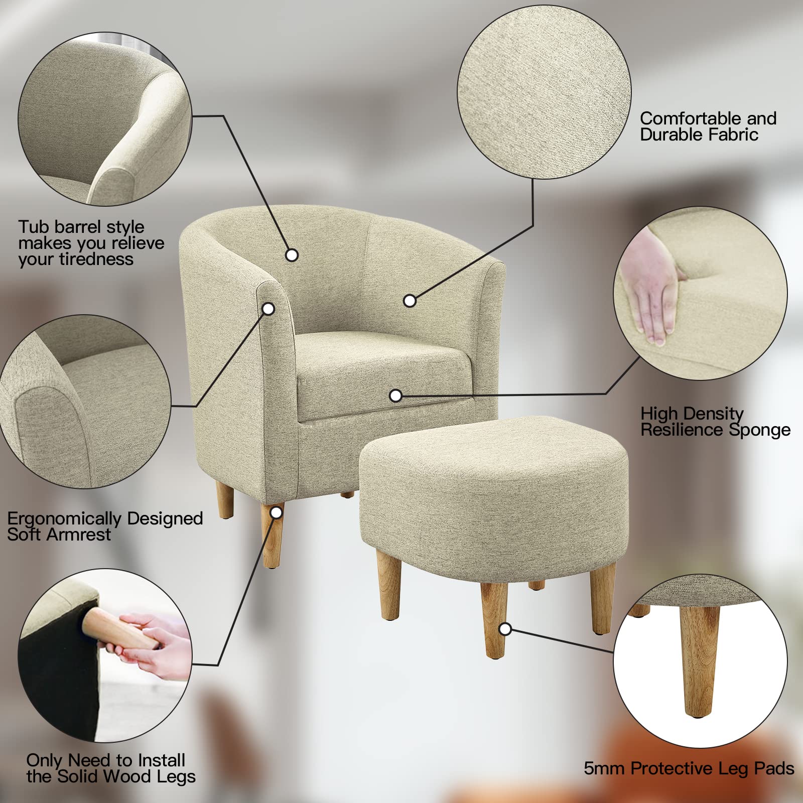 Mid Century Modern Accent Chair with Ottoman - Barrel Club Tub Sofa for Living Room & Bedroom, Upholstered Comfy Armchair & Footrest Set (Beige, Set of 1) - Perfect for Reading Nook, Lounge & Home Decor