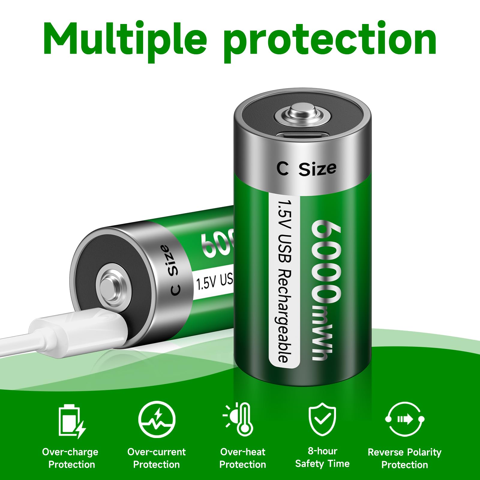 USB Rechargeable C Batteries 4-Pack - 1.5V 6000mWh Lithium Batteries with Type-C Charger, 1500+ Charge Cycles, LED Indicator - Perfect for Flashlights, Toys, Radios & Emergency Kits