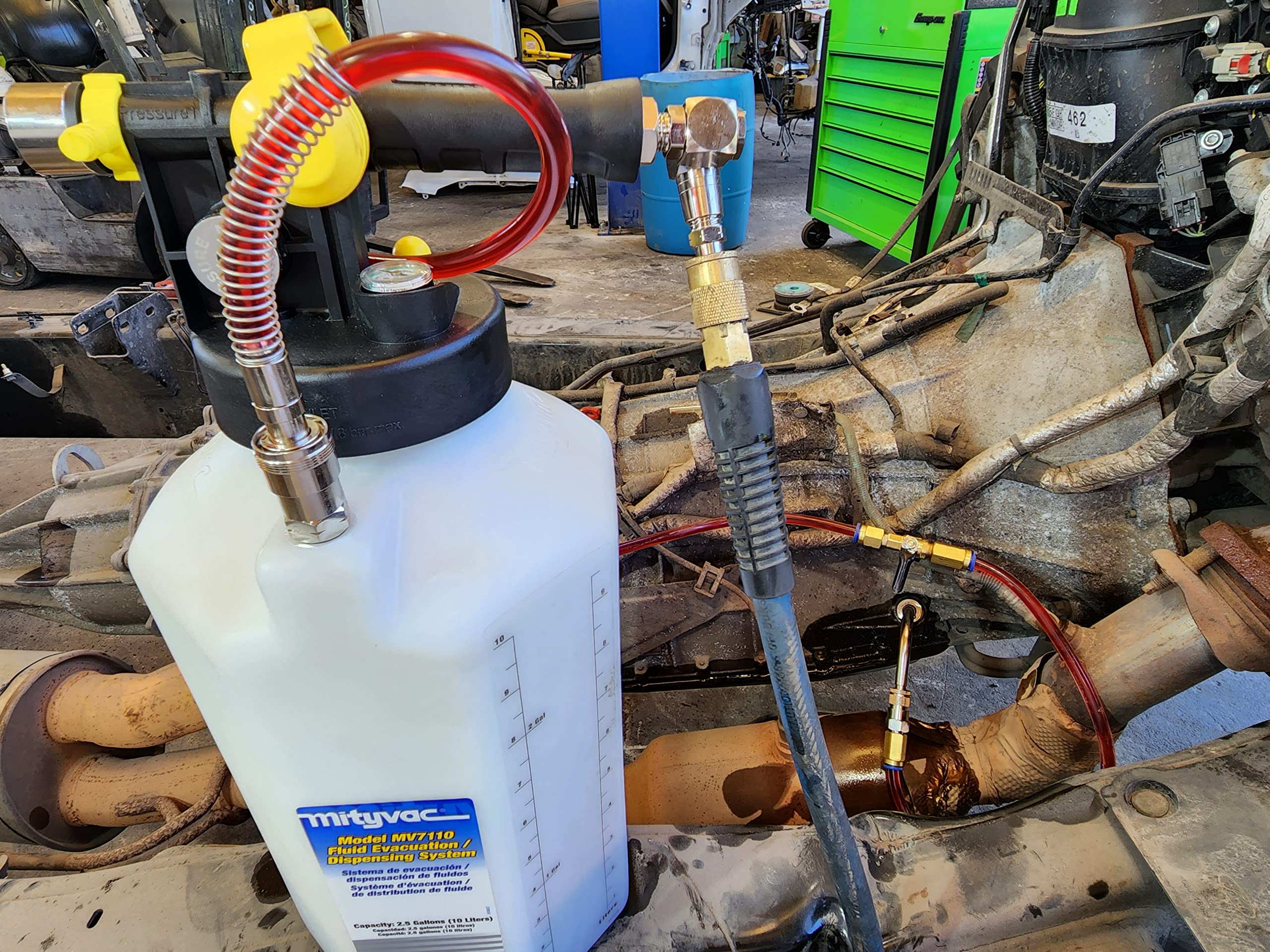 Mityvac MV7412 ATF Sealed Transmission Fluid Extractor and Refill Kit - 2.5 Gallon (10 Liter) Capacity with Compressed Air System, Isolated Flow Control & Pressure/Vacuum Switch Valves - Includes MVA575 Flexible Hose with Control Valve - Perfect for Automotive Transmission Maintenance & Fluid Changes