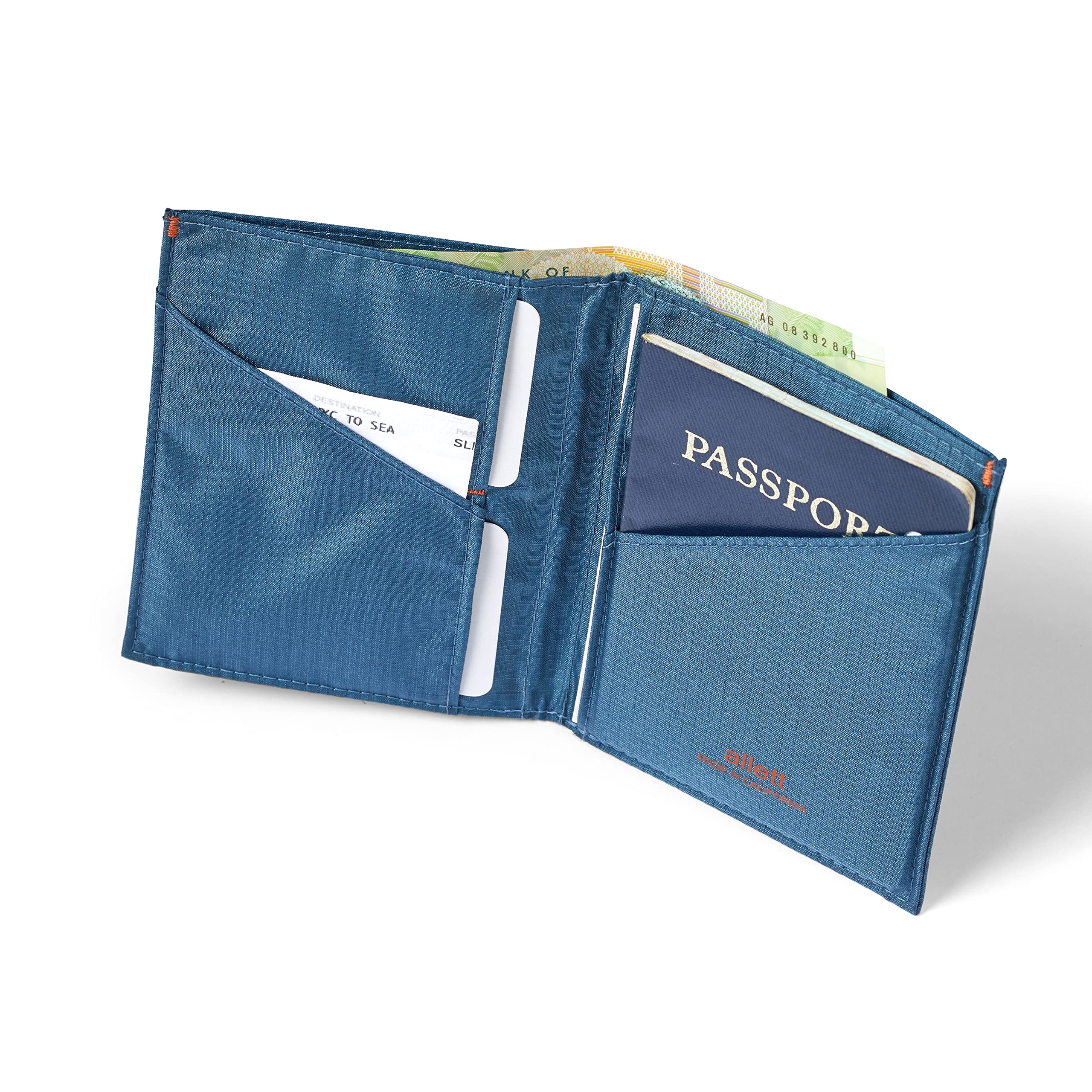 Allett Travel Wallet for Men & Women - Slim RFID Blocking Bifold Passport Holder | Holds 10 Cards & Travel Documents | Nylon Minimalist Front Pocket Wallet (Indigo Blue) | Perfect for Airports, Business Trips & Everyday Use