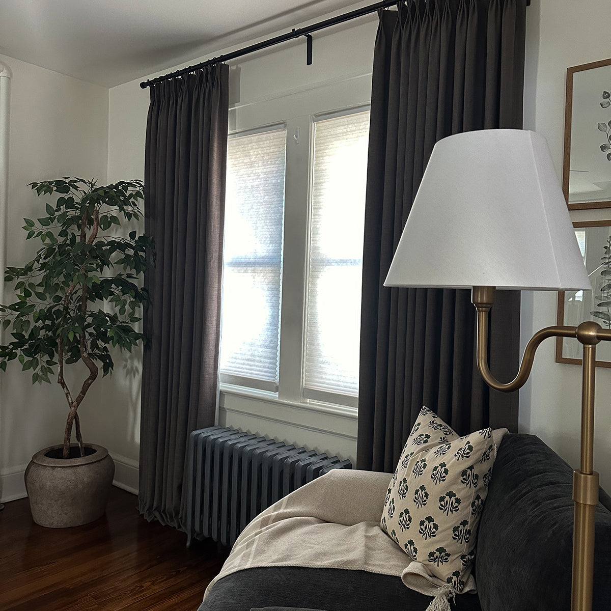 Pinch Pleated Blackout Curtains - Linen Memory Fabric, Natural Oak & Dim Grey - Modern Custom Drapes for Living Room & Bedroom - Light Blocking & Noise Reducing Window Treatments